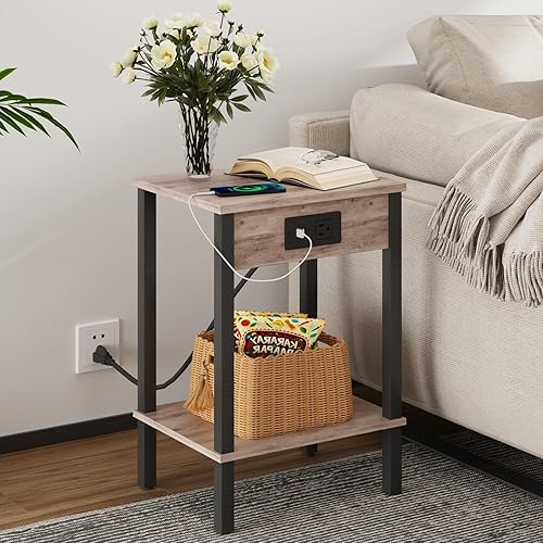 Miniatura 4 de VIMBER Mesa auxiliar con estación de carga, juego de 2 mesas auxiliares con puerto USB y tomas, mesitas de noche con estantes de almacenamiento de 2