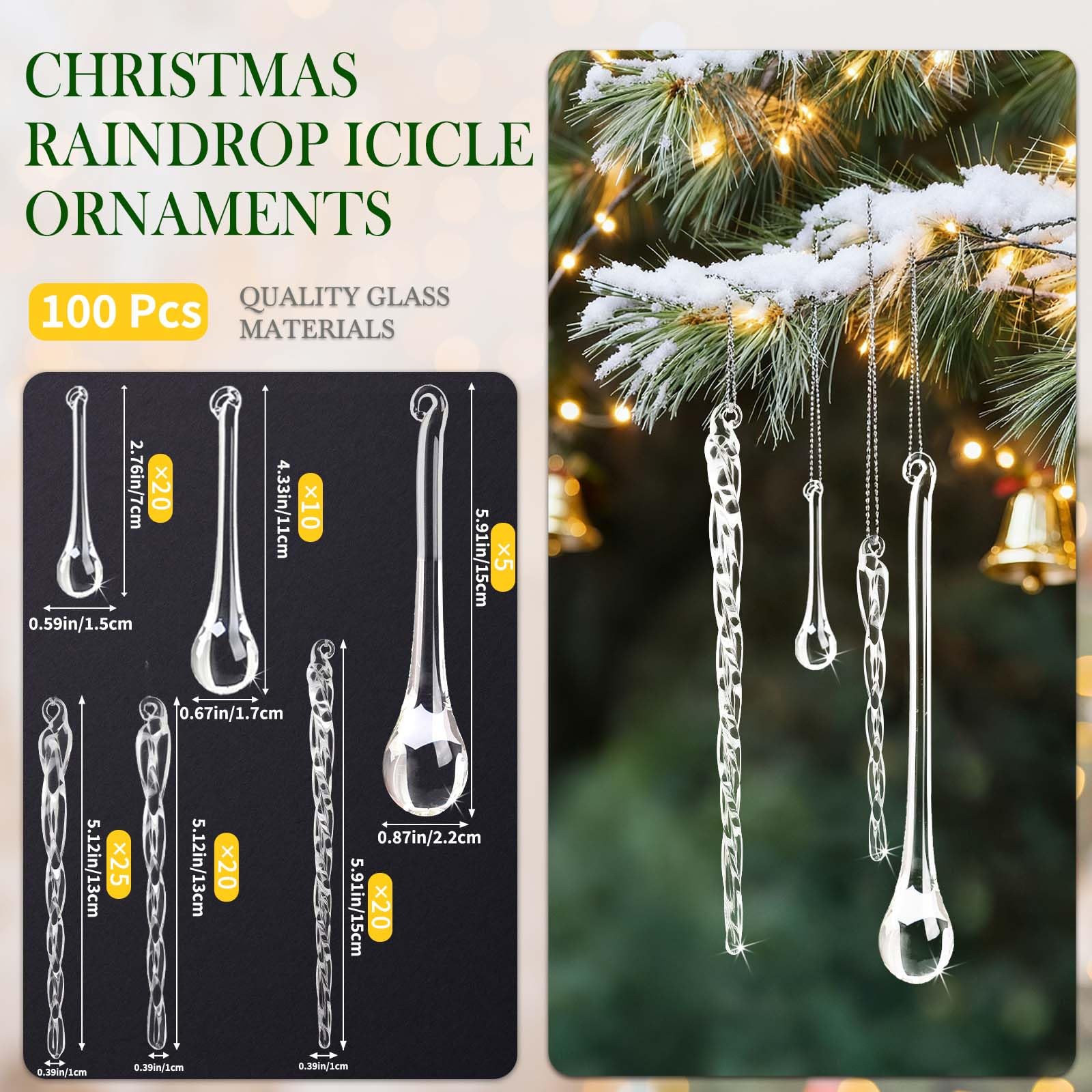 100 Stück handgefertigte Glas-Eiszapfen & Tropfenform, Weihnachtsschmuck