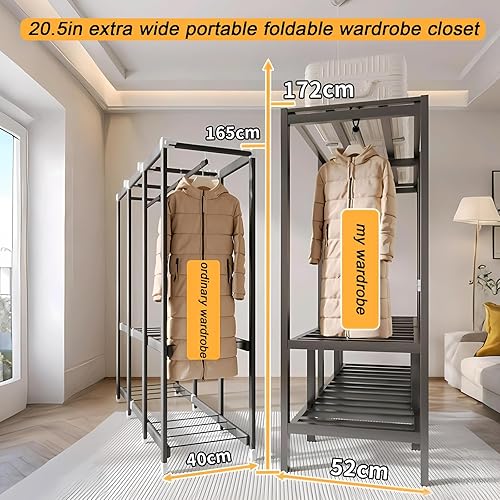 Miniatura 3 de Armario portátil de 49.2 pulgadas para colgar ropa, perchero plegable resistente con tapa, gran cubierta, armarios plegables independientes,