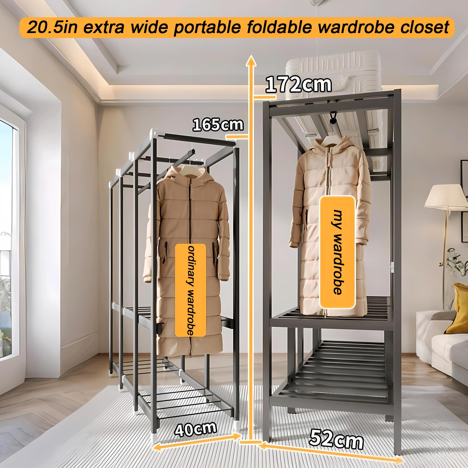 Armario Plegables Portátil, Armarios de Tela con Ruedas y 2 Barras de Colgar, Armario de Tela Almacenamiento Multifuncional de Gran Capacidad, Carga de 907 kg, para Dormitorio (D, gray door, 100cm)