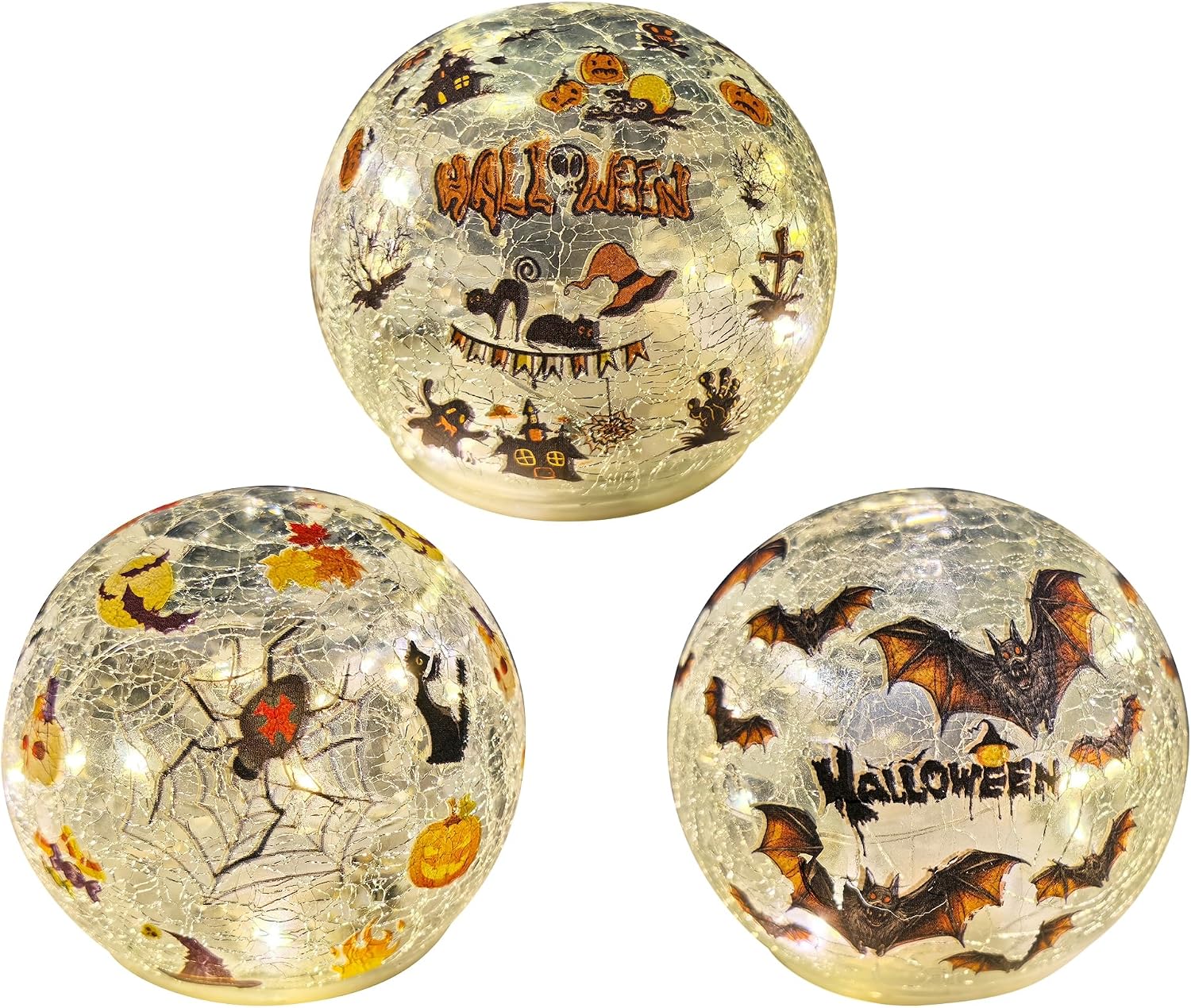 3 Pack Halloween Desktop Decorative Lights, Interior Decorations, LED Cracked Glass Ball Lights with Timer (Brown Bat)