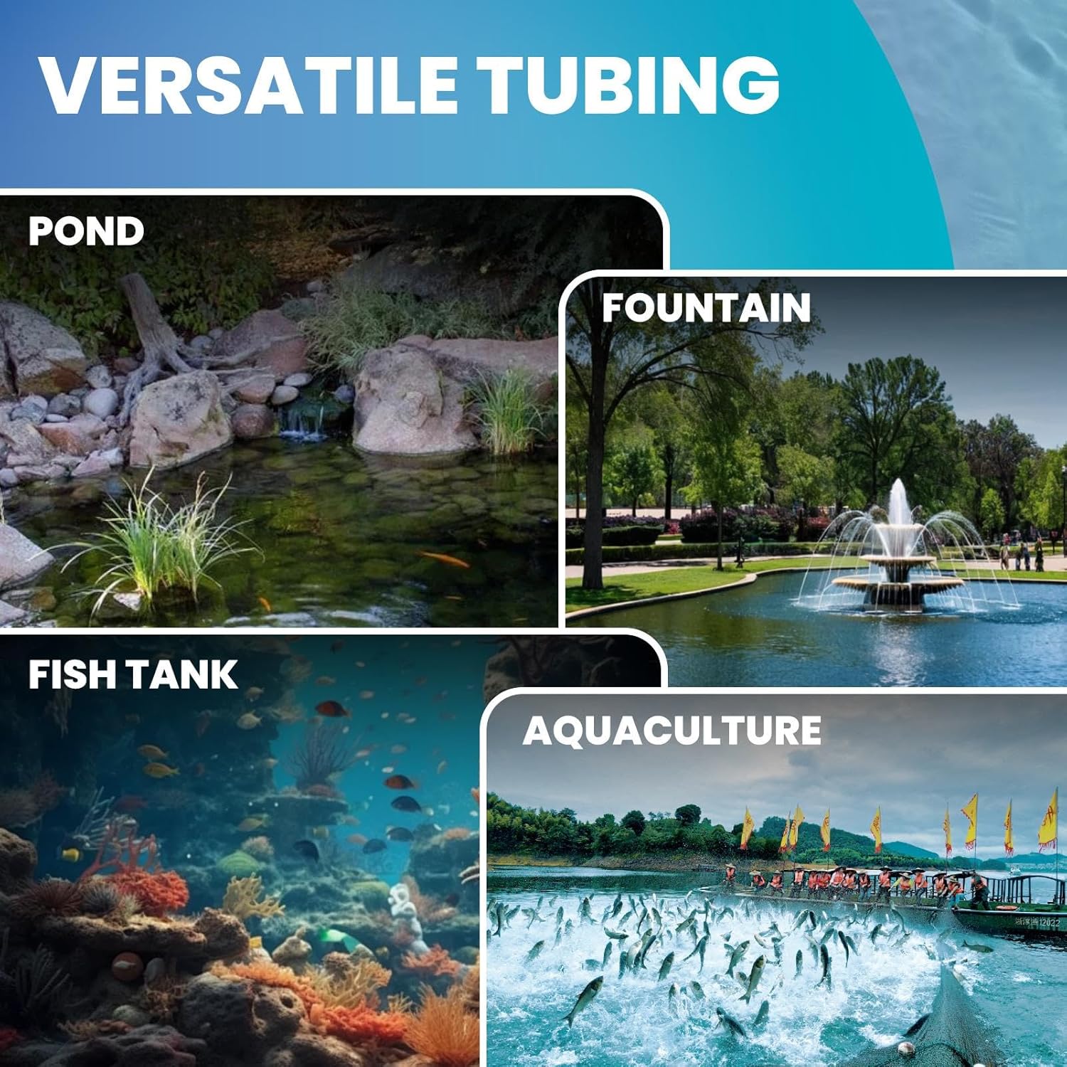 656 FT Pond Tubing, 3/8 Inch Self Sinking Weighted Air Hose for Pond Aeration Kit with 4 Stainless Steel Clamps and 4 Menders