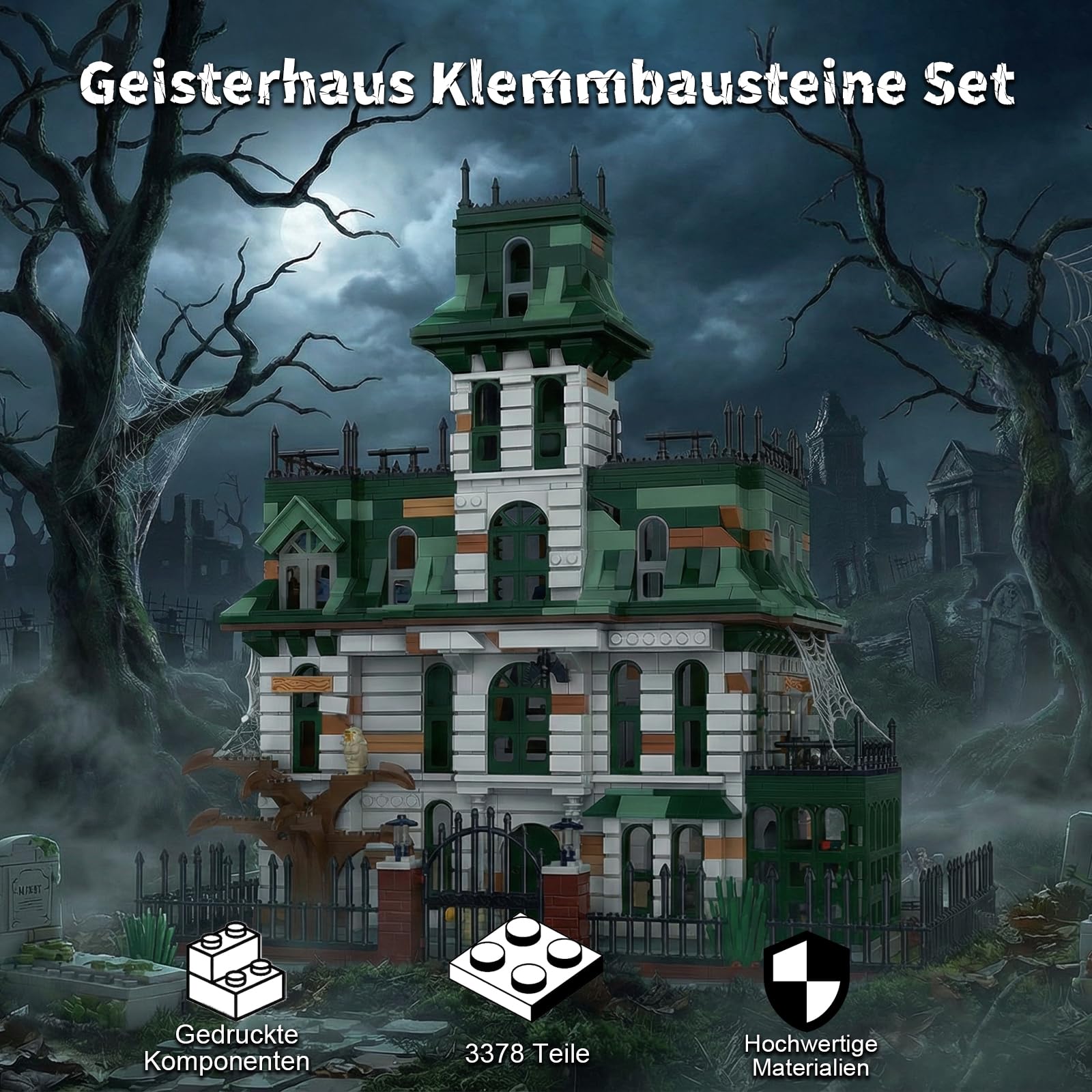 Klemmbausteine Geisterhaus Adams Hunted Mansion Modular Building – 3378 Teile Schlosshaus Architektur Modell, Wohnaccessoire und Geschenk für Erwachsene Kompatibel mit Barweer BWR005