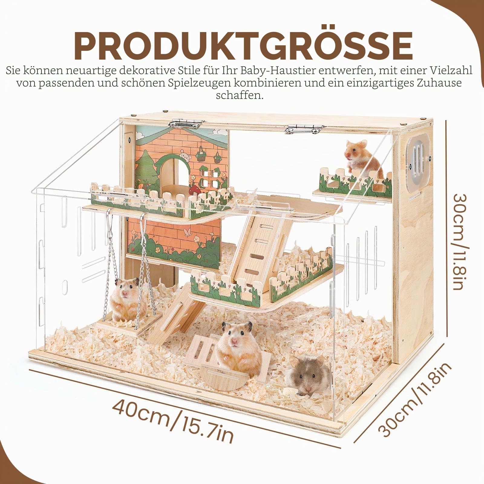 Hamsterkäfig Holz Groß 40.6 cm 3-lagiger Acryl Hamsterkäfig Kleintierkäfig mit Plattform und Laufstall für Direkte Beobachtung, Haustierbedarf