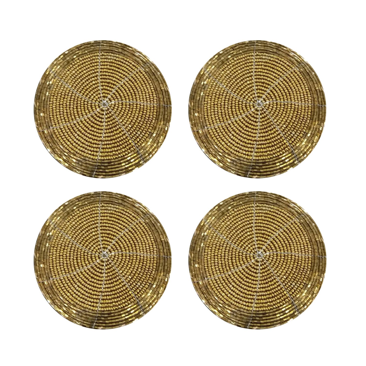 Golden Handmade Beaded Round Set of 4 Placemats Tea Cup Coaster Wedding Gift Indian Home Decor