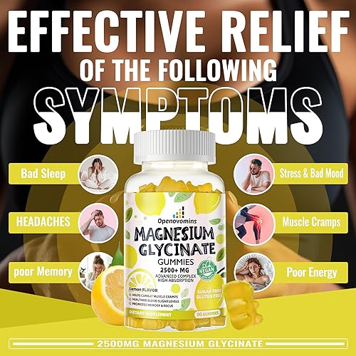 Miniatura 10 de Gomitas de glicinato de magnesio de 2500 mg  Suplemento de magnesio y potasio sin azúcar con vitamina D, B6, CoQ10 para un estado de ánimo tranquilo