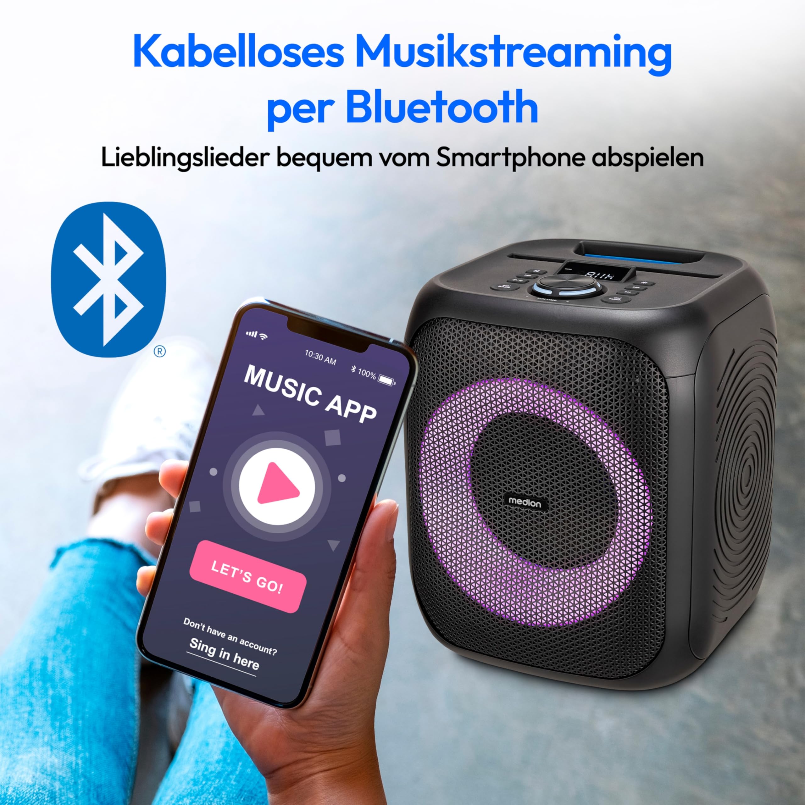 MEDION S61991 Partylautsprecher mit Bluetooth (Partysoundsystem inklusive Mikrofon, Party Box, tragbares Soundsystem, integrierter Akku, für drinnen und draußen, Lichteffekte, TWS)