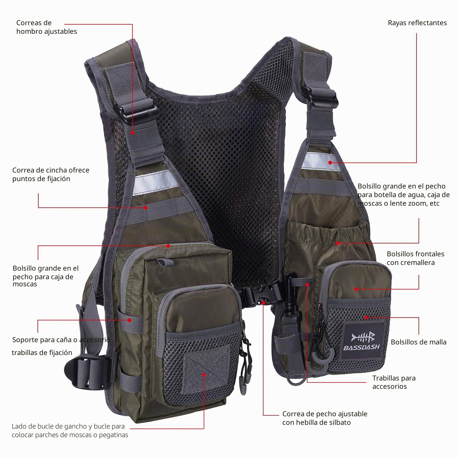 Bassdash FV08 Chaleco de Pesca con Mosca Ultraligero Unisex Portátil
