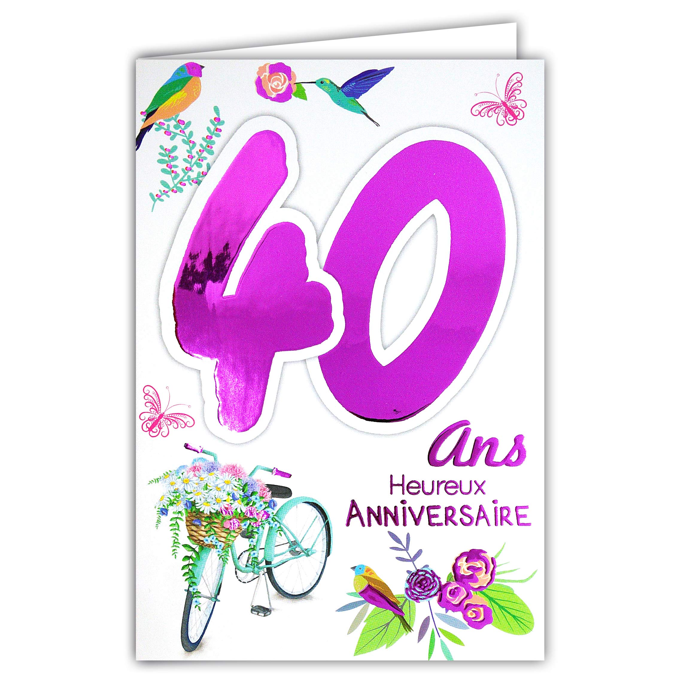 Afie 69-2132 40th Birthday Card Female Pink Fuchsia Shiny Bicycle Flowers Birds