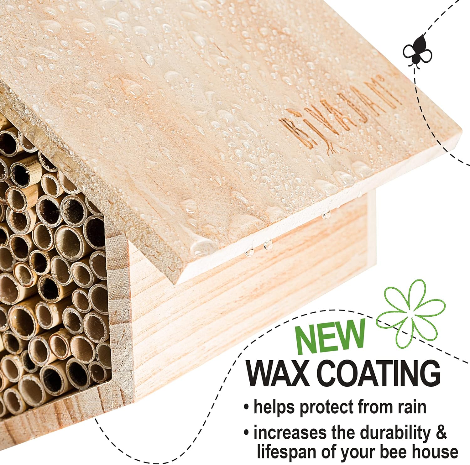Rivajam Mason Bee House Wax Coated Nesting Bee Box | Refillable Phragmite Reed Mason Bee Tubes Filled Pollinator House | Mason Bee Houses for The Garden