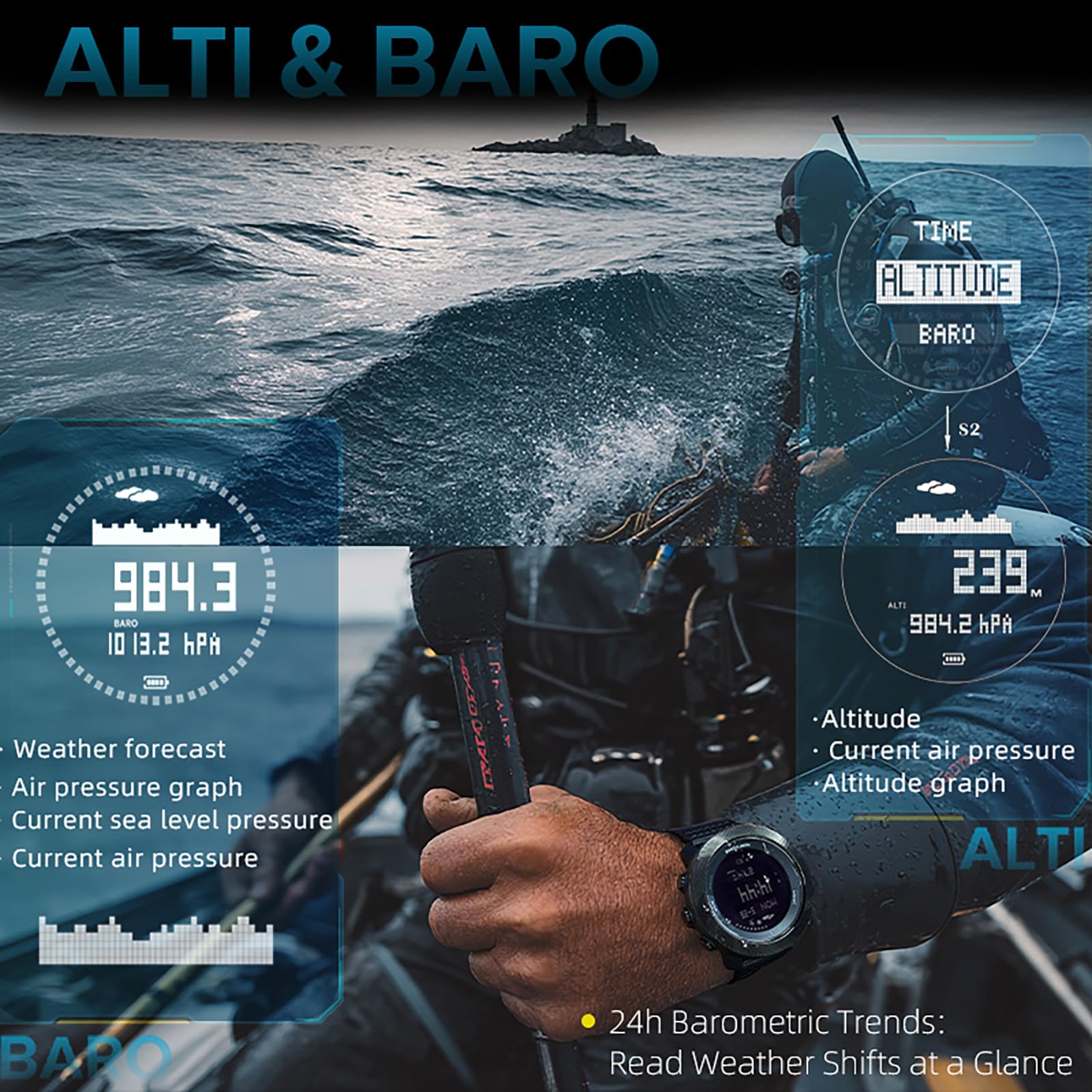 Reloj deportivo para hombre, podómetro, reloj de buceo, reloj de pulsera militar con brújula, barómetro, altímetro, resistente al agua, 10 bar, reloj digital para hombre, reloj de fitness, calorías