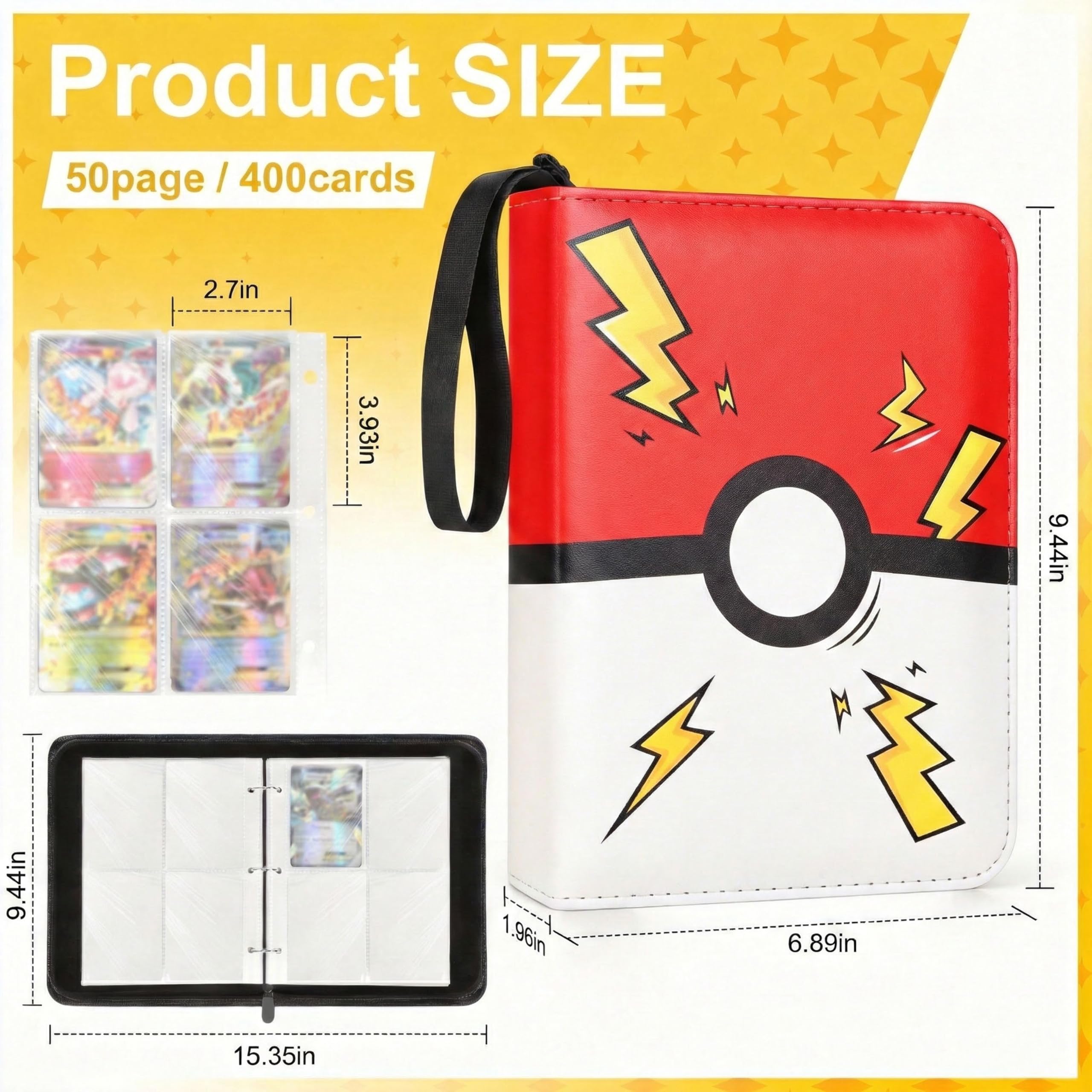 Raccoglitore portatile per carte collezionabili a 4 tasche, 400 tasche con 50 maniche rimovibili, album da collezione portatile con cerniera per TCG, carte sportive e da gioco