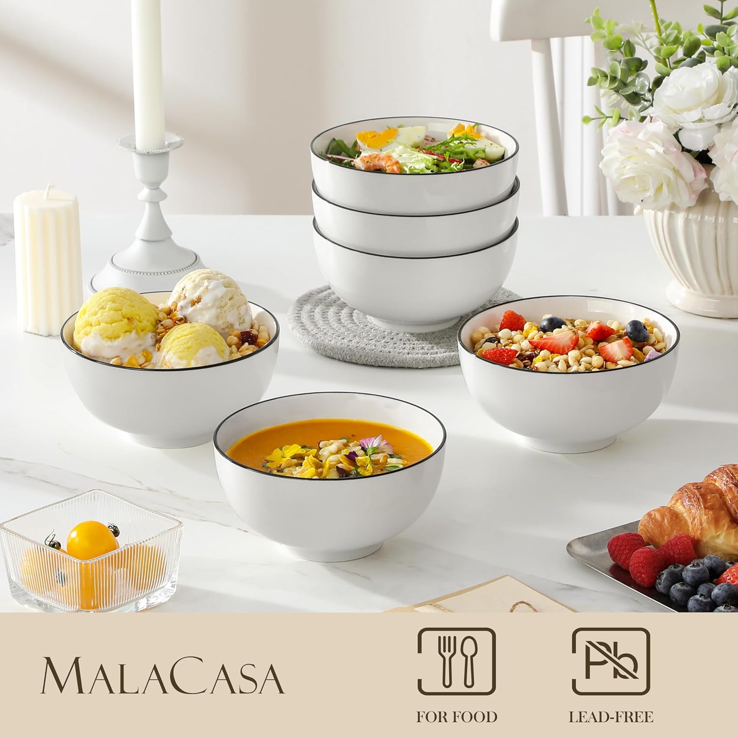 Elegant 26oz White Ceramic Soup and Cereal Bowls for Everyday Use