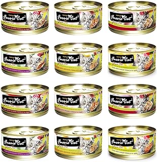 Fussie Cat Premium Grain-Free Canned Wet Food Variety Bundle - 2.8 Oz. - Tuna with Chicken, Tuna with Shrimp, Tuna with Oceanfish, Tuna with Salmon, Tuna with Mussels, and Tuna with Prawns (12 Pack)