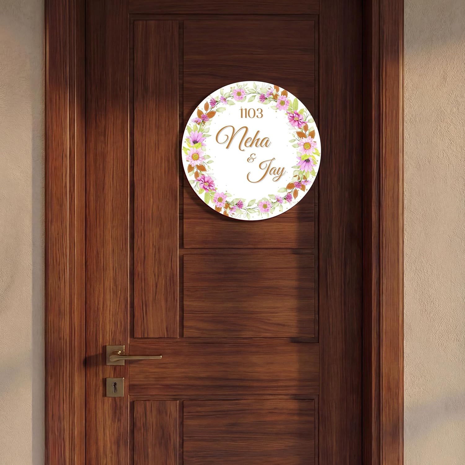 Personalized Round Floral Name Plate for Home Entrance Outdoor | Custom Family Name Board | Wooden Wall Door Name Sign | Name Plate Sign Board for Home & Office (30x30 CM)