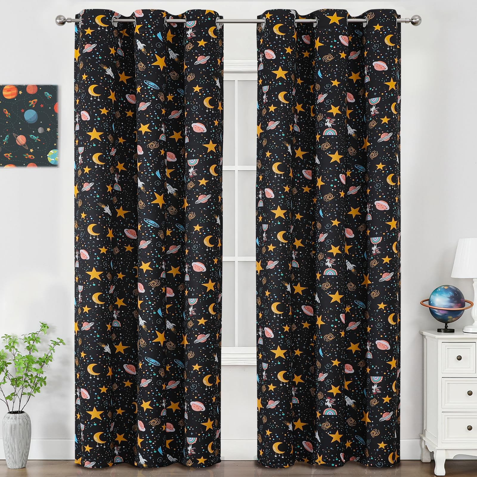 VEHEDE Unicorn Blackout Curtains Thermal Insulated Drapes for Kids Room Nursery Star Moon Planet Printed Children Decorative Cartoon Black Curtain W38 x L84 Inch