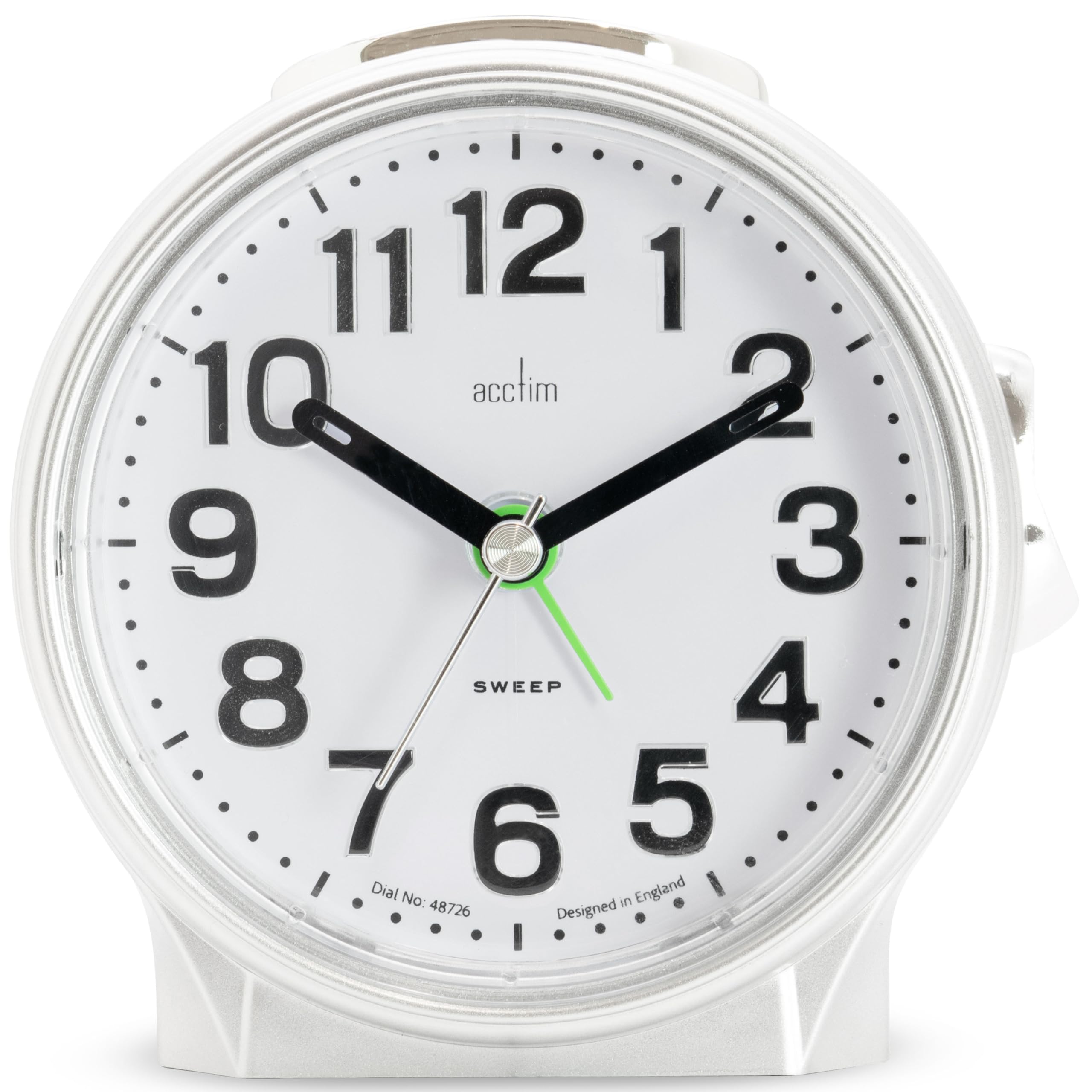 Acctim Eden Non-Ticking Sweep Alarm Clock, White Face with Blue Backlight (Silver)