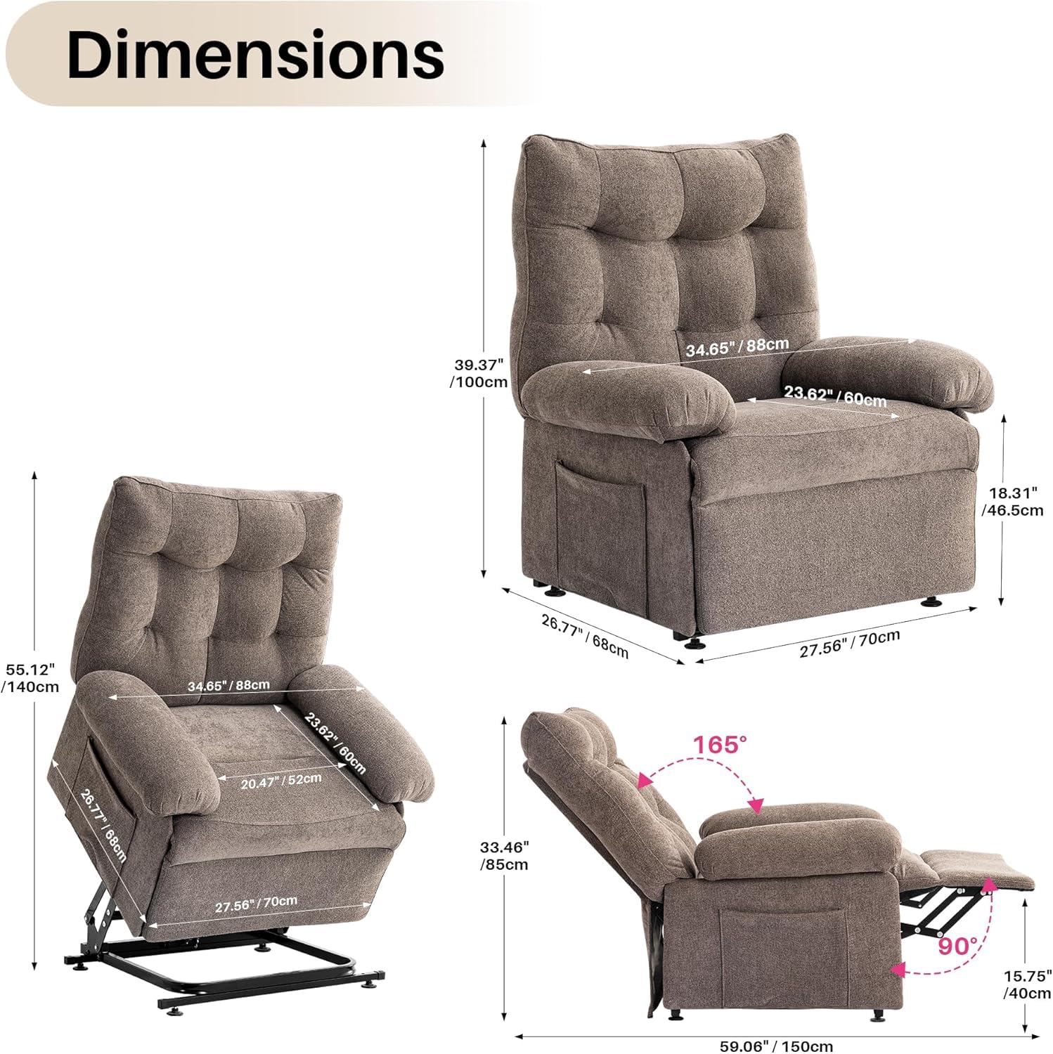 El almacén del colchón butaca Élite Levanta Personas con 3 Motores, butaca reclinable,Sillón Relax con Función Auto-Ayuda, Reclinación Eléctrica,para Personas Mayores (Beige)
