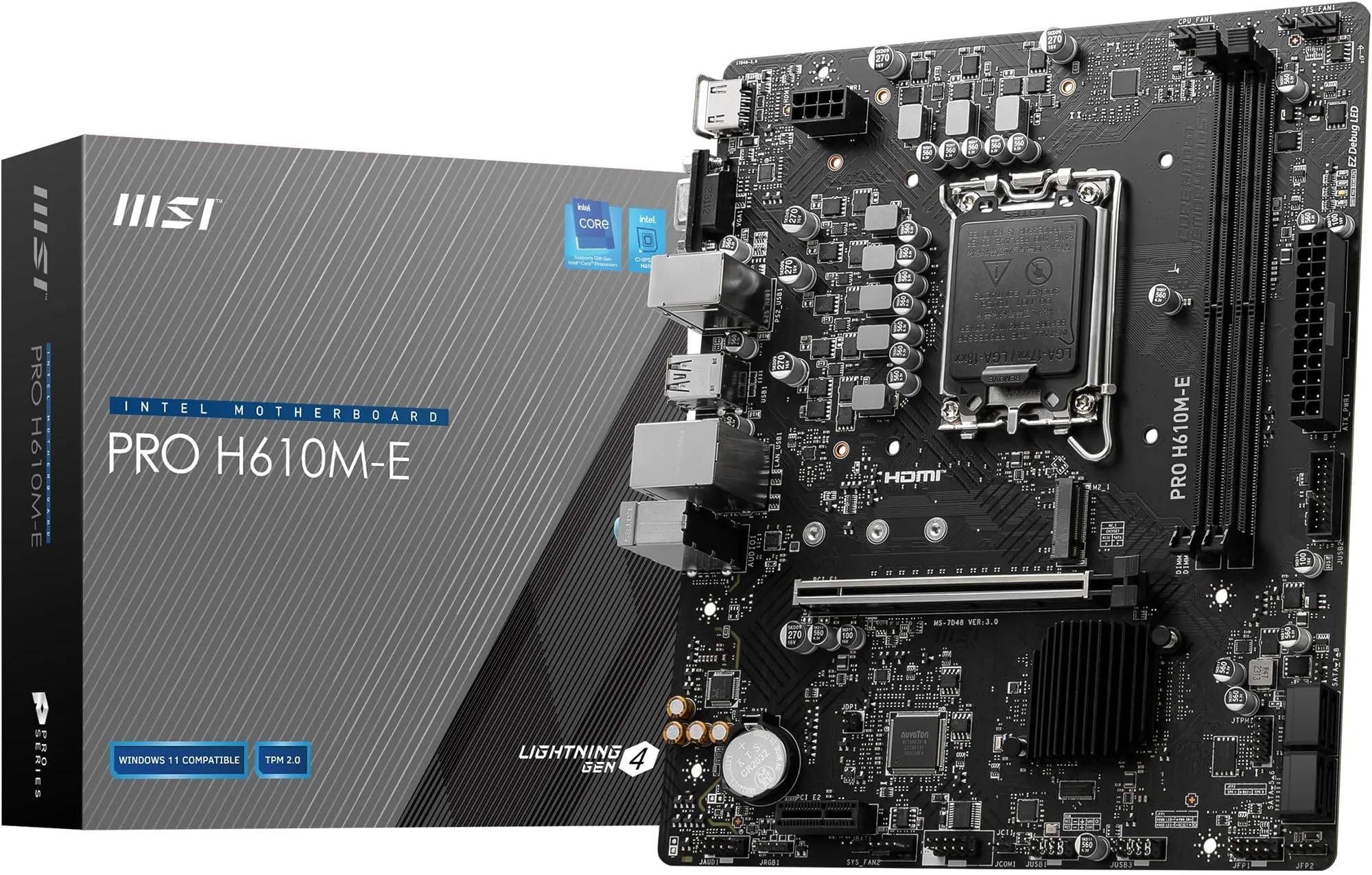 PRO H610M-E mATX Motherboard: LGA 1700 CPU Socket, 2x DDR5, Lightning Gen4 Solution, Realtek RTL8111H Gigabit LAN, 1x M.2 Gen3 x4 32Gbps slot, EZ Debug LED - Black