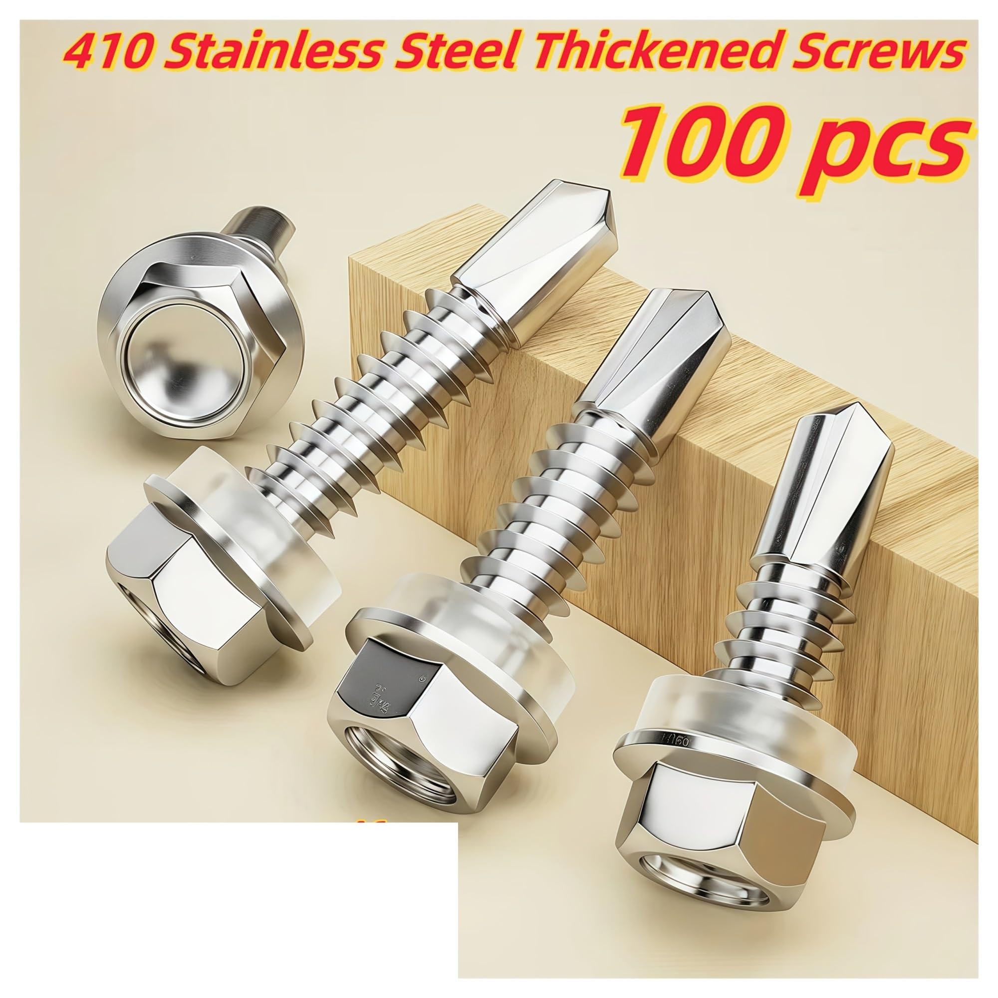 100 Uds 410 tornillos autorroscantes TEK con cabeza de arandela hexagonal magnética acero inoxidable enchufes gratis-rosca gruesa 5mm, R completa(100 pcs 50mm(2in))