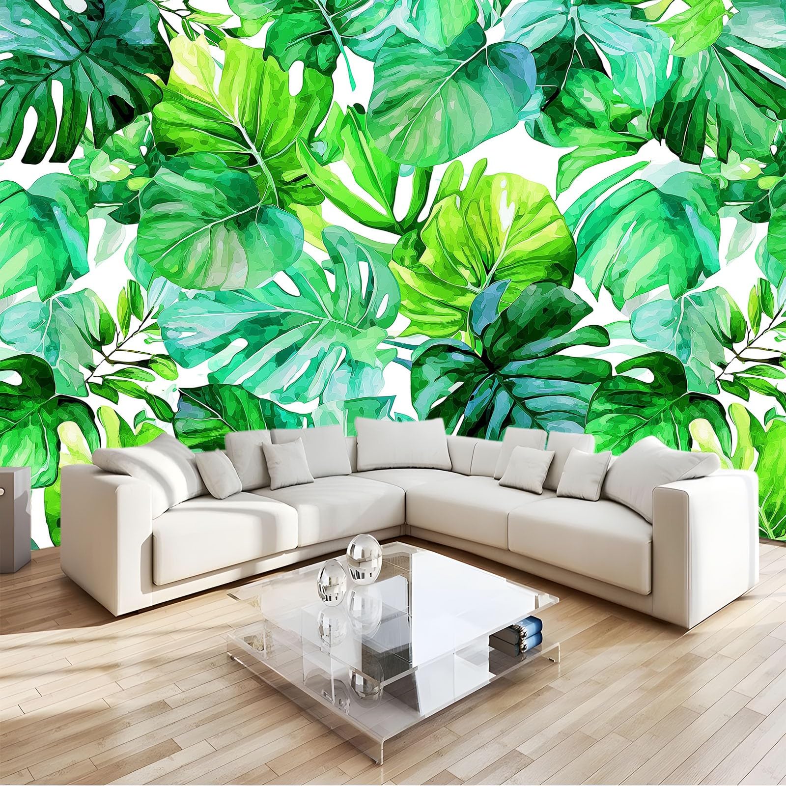 Générique Panoramiczna tapeta 3D tropikalna roślina dżungla monstera zielona 200 x 140 cm, tapeta z włókniny - fresk ścienny do salonu, sypialni i biura, dekoracja ścienna druk HD