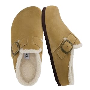 CUSHIONAIRE Haven Genuine Leather Clogs for Women Faux Fur Lined Slip-On Womens Shoes with Cork Footbed and Adjustable