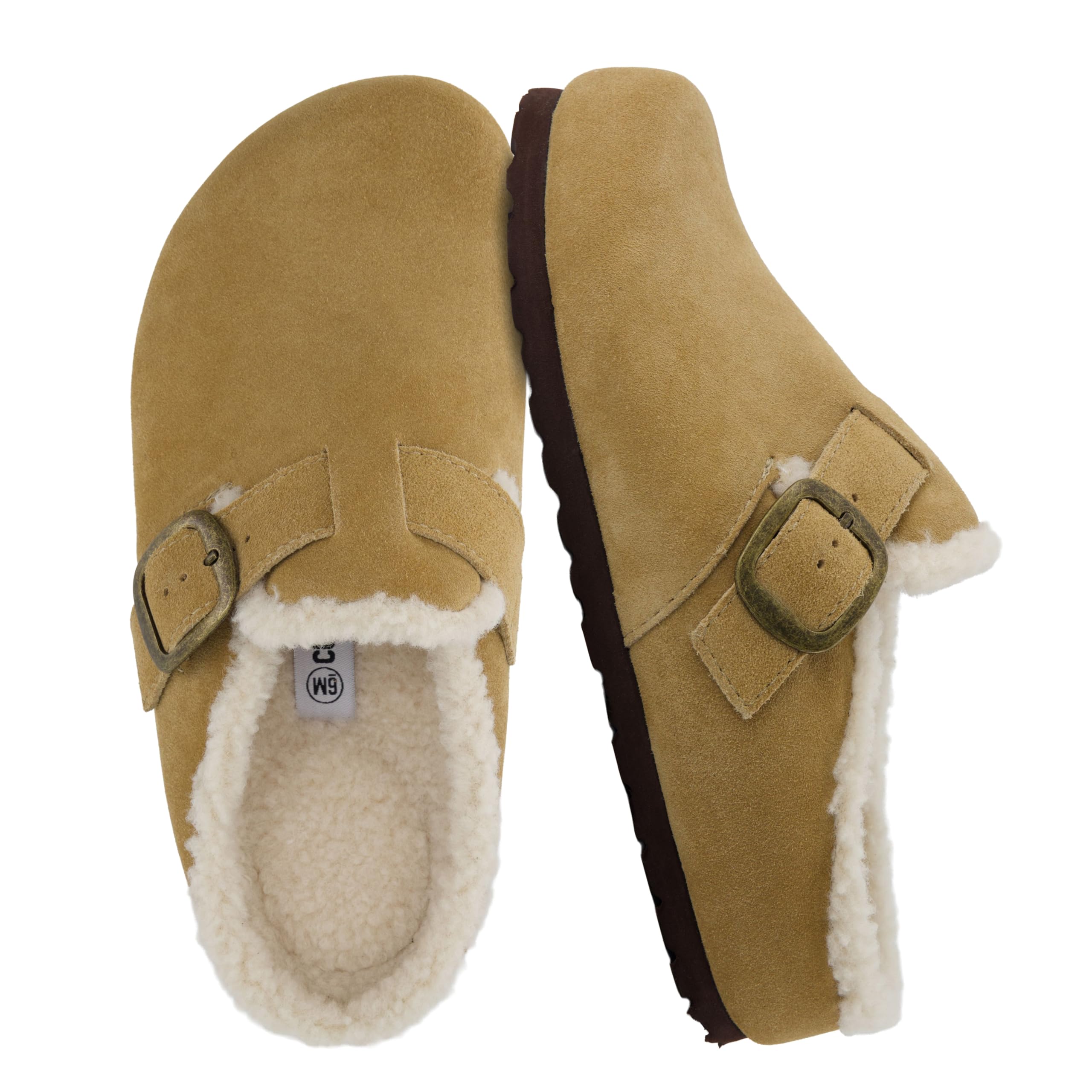 CUSHIONAIRE Haven Genuine Leather Clogs for Women – Faux Fur Lined Slip-On Womens Shoes with Cork Footbed and Adjustable Buckle