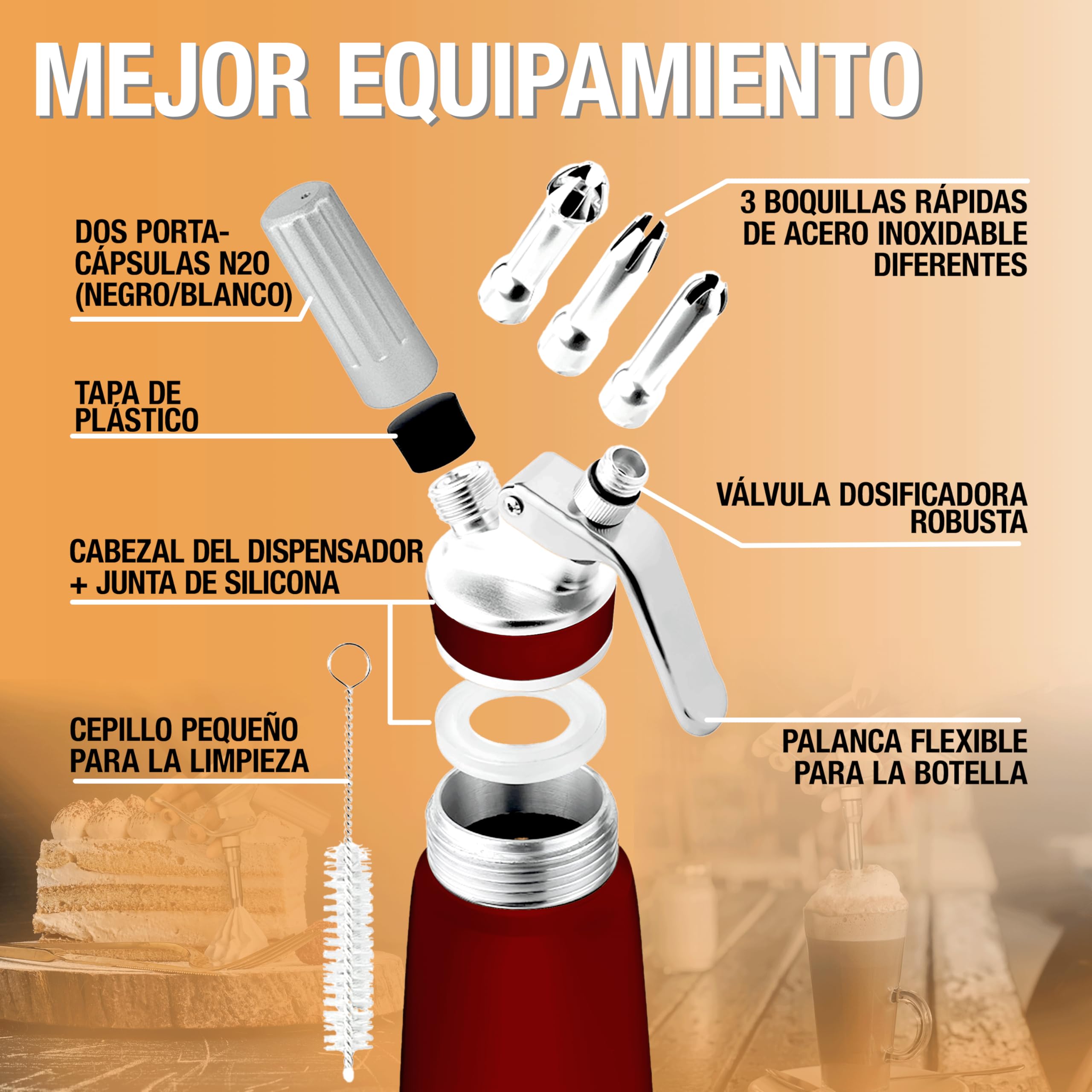 Thiru Sifón de cocina profesional - Dispensador de crema batida con boquillas de acero inoxidable - Sifón cocina con muchos extras (rojo)