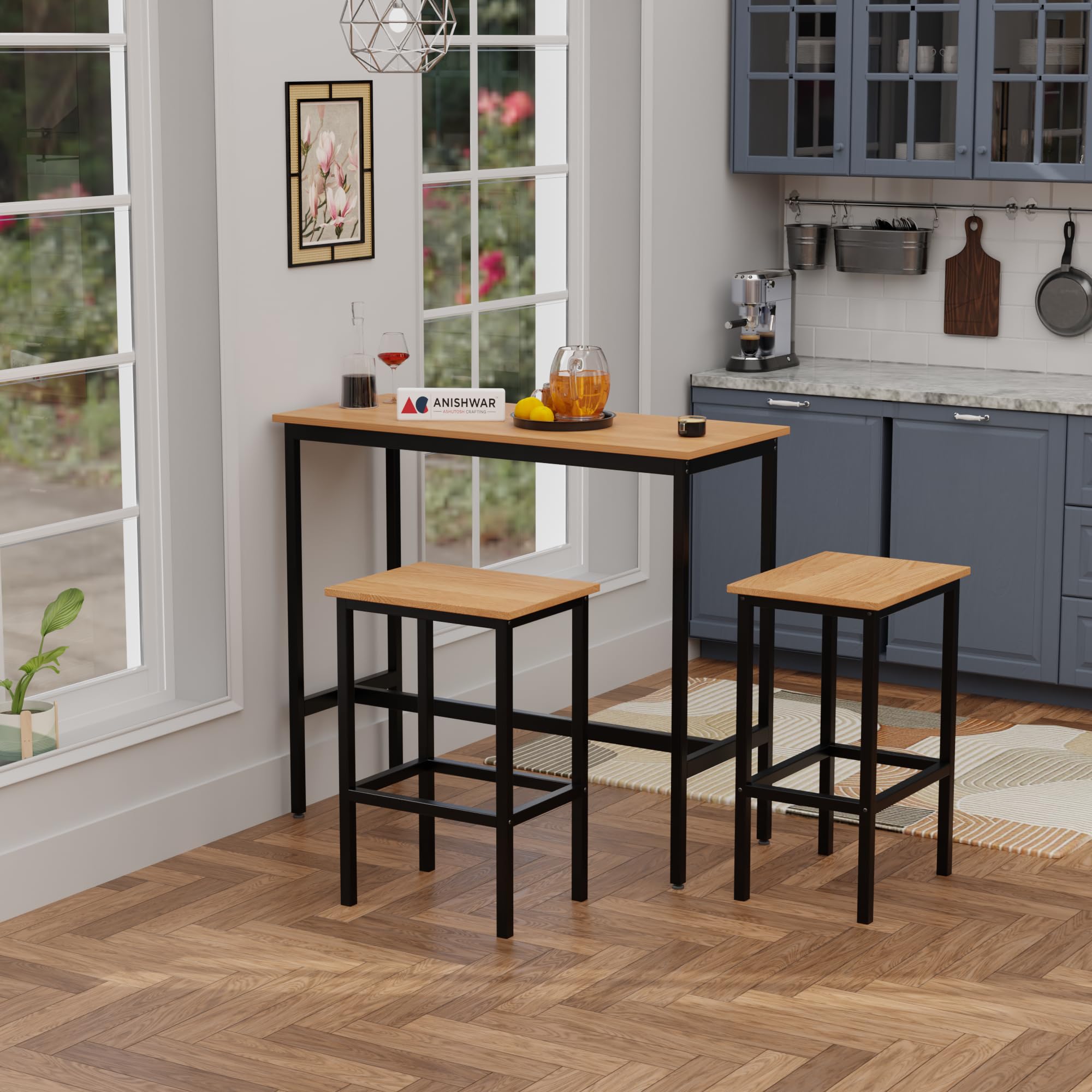 Engineered Wood & Metal Dining Table Set with 2 Stools for Bar | Wooden Table Chairs Kitchen Bar Height Table with Stools | Rustic Brown & Black-image-41