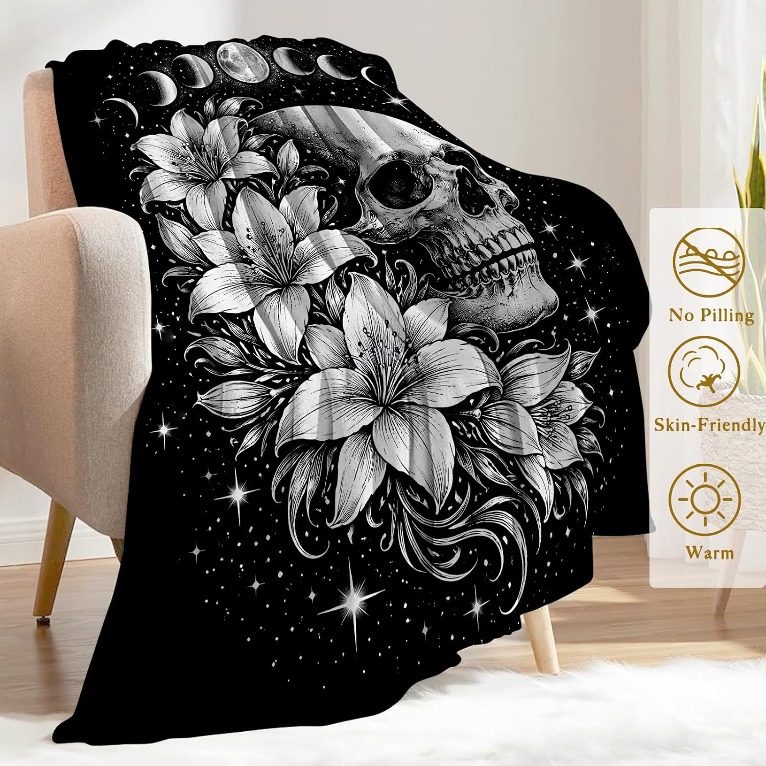 Whimsical Skull Moon Phase Fleece Throw Blanket 50x60 Inch,Gothic Skeleton Floral Decorative Throws,Lightweight Blankets for Bedroom Dorm Meditation Room,Cozy Gifts for Teens Women Goth Lovers