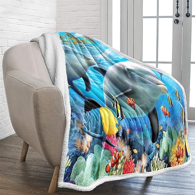 Lunoroey Ocean Throw Blanket Kids Boys Girls Blanket Sea Animals Dolphin Printed Throw Fluffy Soft Cozy Plush Sherpa Blanket for Couch Bed Sofa 130x150 cm