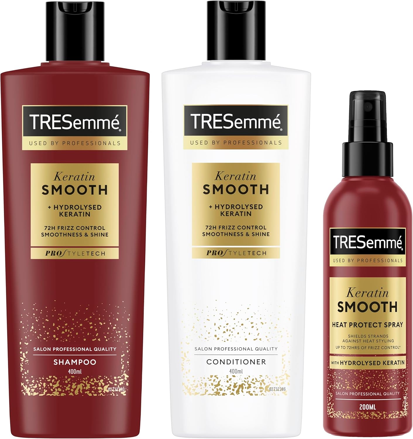 TRESemmé Champú, Acondicionador y Spray Protector Térmico Keratin Smooth pack de cuidado capilar antiencrespamiento con queratina hidrolizada 400 ml + 400 ml + 200 ml pack de 3