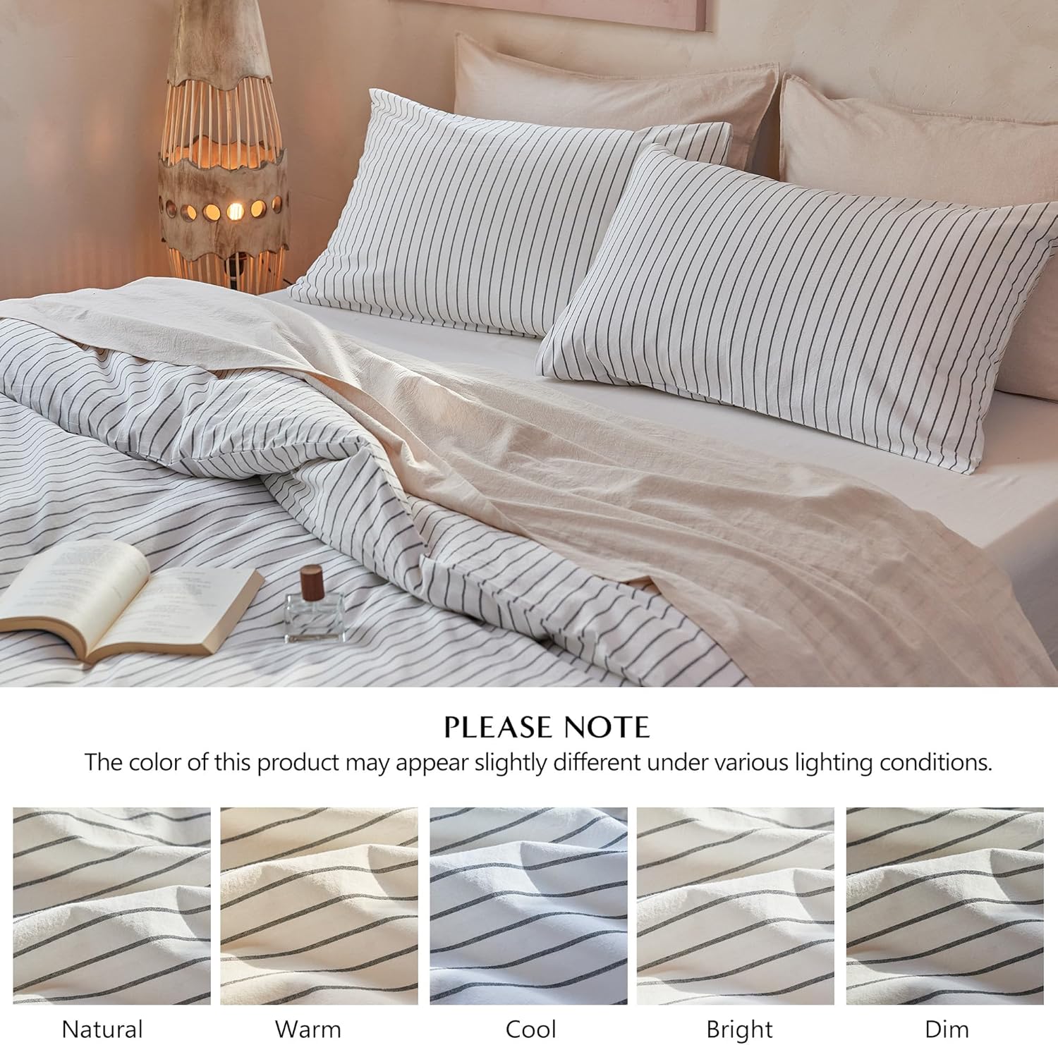 Striped 100% Washed Cotton Duvet Cover Set Queen 3Pcs(1 Comforter Cover&2 Pillowcases), Natural Cotton Bedding Set Soft Breathable Farmhouse Zipper Closure All Seasons(White-Dark Gray,Queen)