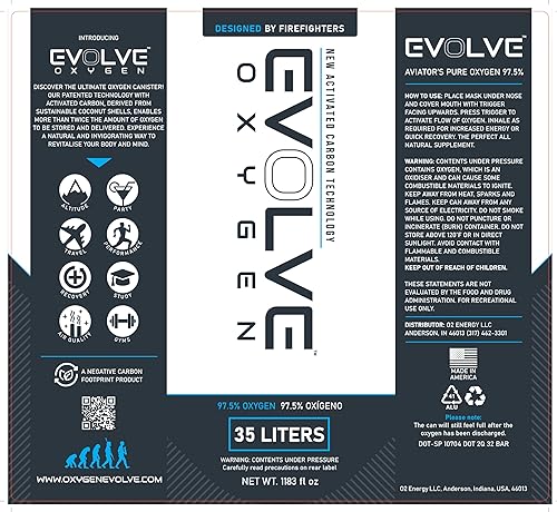 Miniatura 7 de Evolve Suplemento de oxígeno puro con máscara y tubo de 35 litros de oxígeno 97.5% de oxígeno. Aumenta el rendimiento, acelera la recuperación,