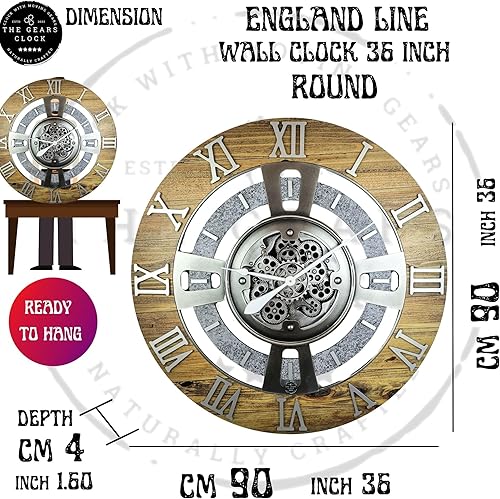 Miniatura 6 de ImprovingLife The Gears Clock Reloj de pared con engranaje móvil real de la línea Inglaterra (madera, piedra y 36 pulgadas)