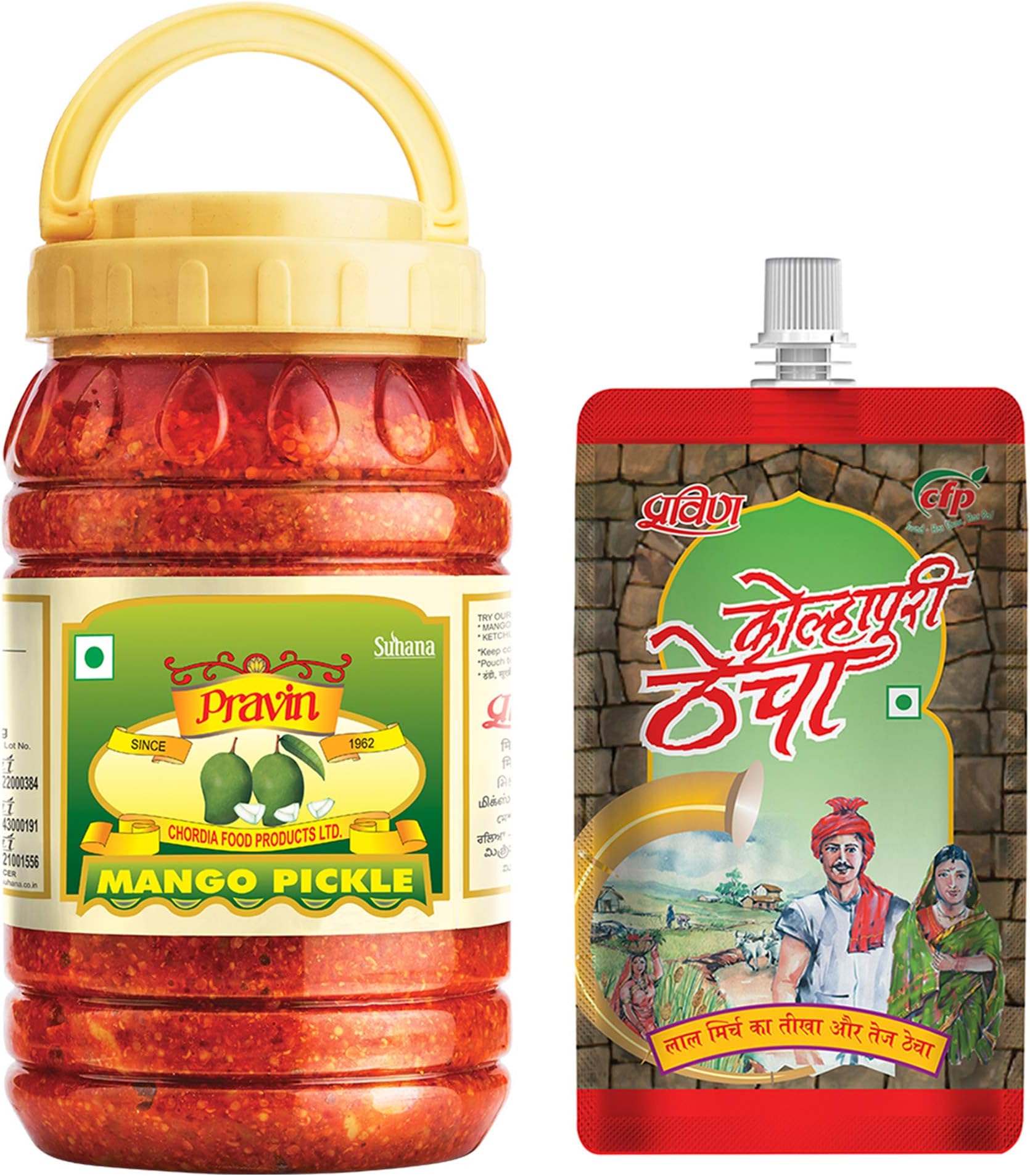 Pravin Pickles Mango 1kg Jar + Kolhapuri Thecha 100g x 4 - Combo of 5
