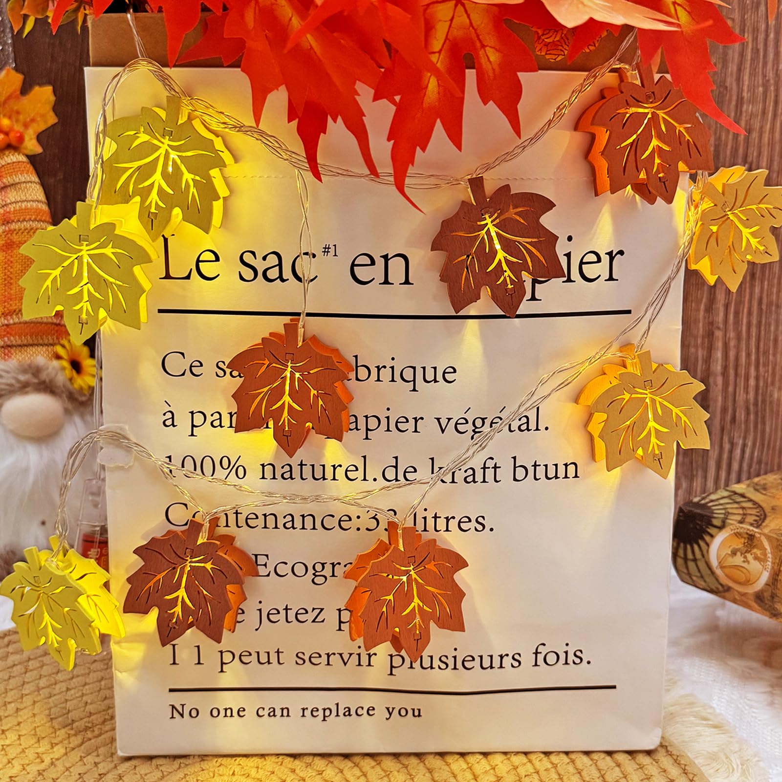 YeahBoom Autumn Fairy Lights, 300 m, 20 LED Maple Leaves Fairy Lights Made of Wood, LED Maple Leaf Fairy Lights, Battery Operated, Autumn Table Hollowed Light, for Autumn Decoration, Thanksgiving โ image 1