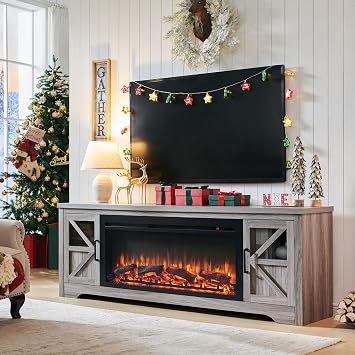75" Farmhouse Fireplace TV Stand for TVs Up to 85", 44" Electric Fireplace, Rustic Entertainment Center w/Barn Doors, Adjustable Shelves, Media Console for Living Room, Grey