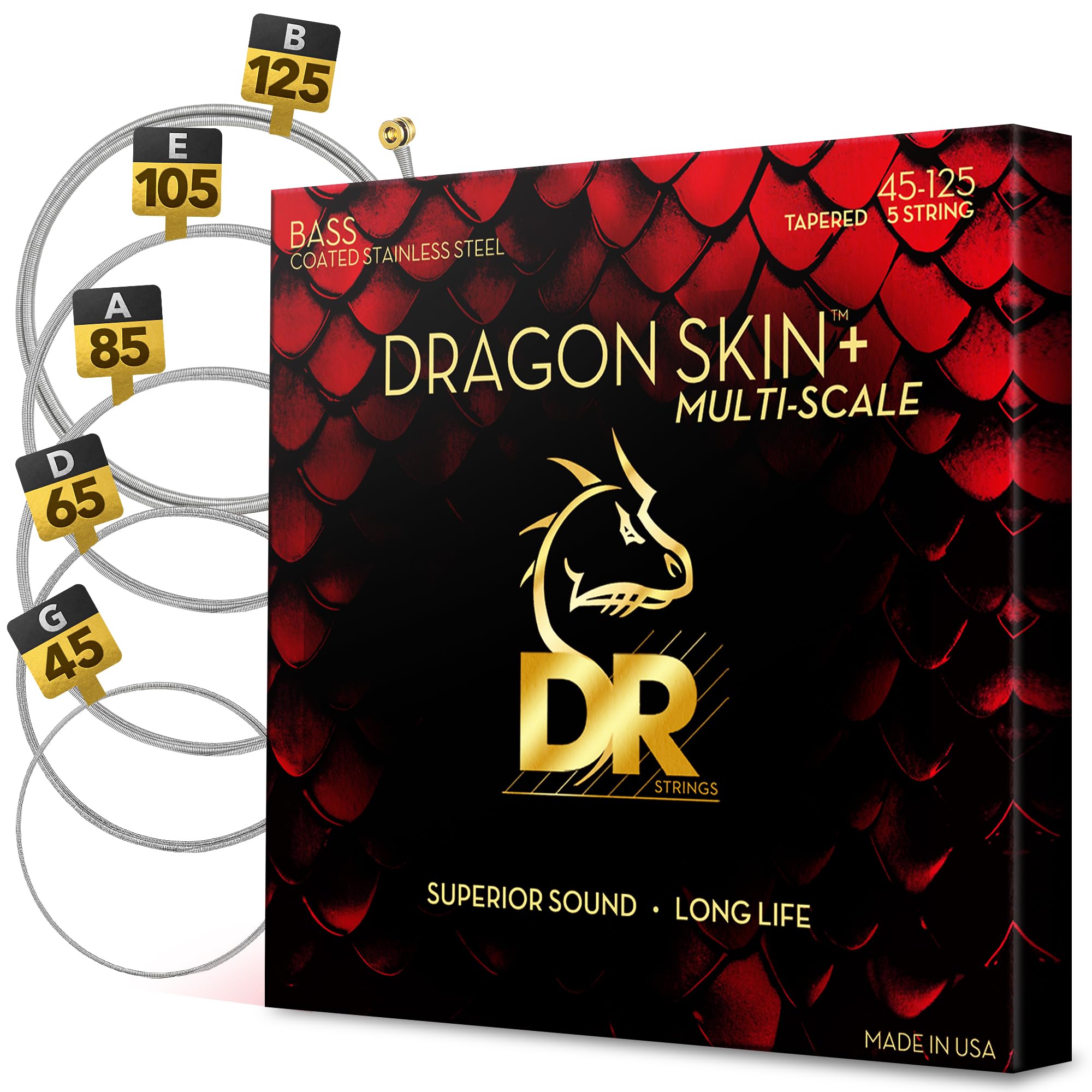 DRAGON SKIN+™ DBSM5-45 Struny basowe ze stali nierdzewnej z powłoką ze stali nierdzewnej - doskonały dźwięk z komfortowym uczuciem i długą żywotnością: 5 strun w wielu skalach Medium 45-125