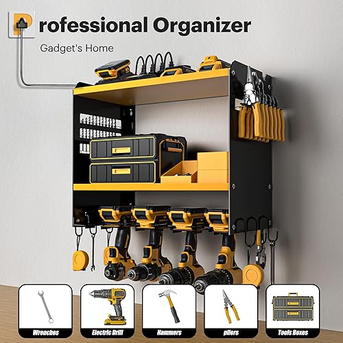 Miniatura 2 de Organizador de herramientas eléctricas con estación de carga, 6 soportes para taladro, soporte de pared, estante de herramientas de garaje de metal