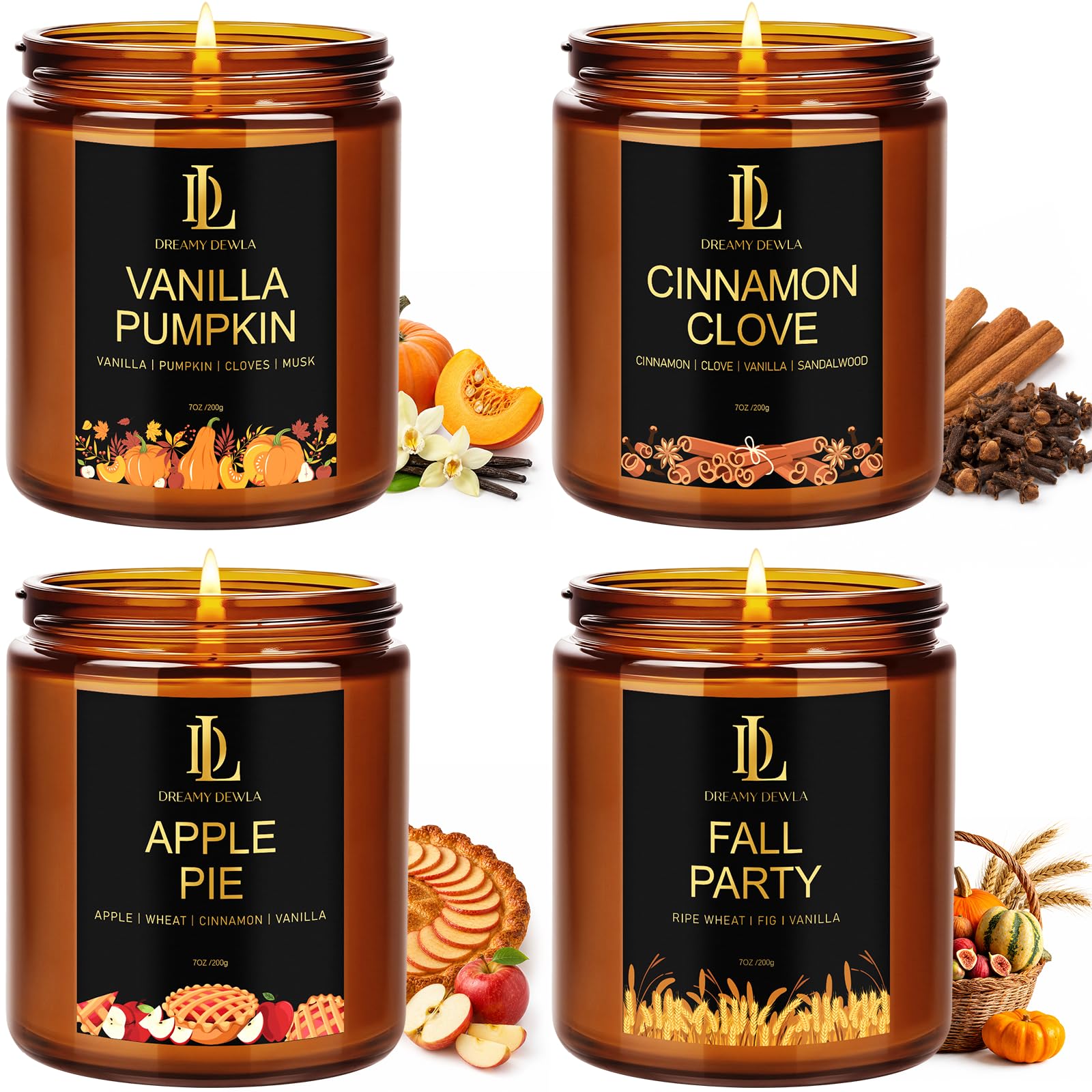 DL DREAMY DEWLA Fall Candles Set for Home Scented, 4 Pack 28oz, Soy Wax