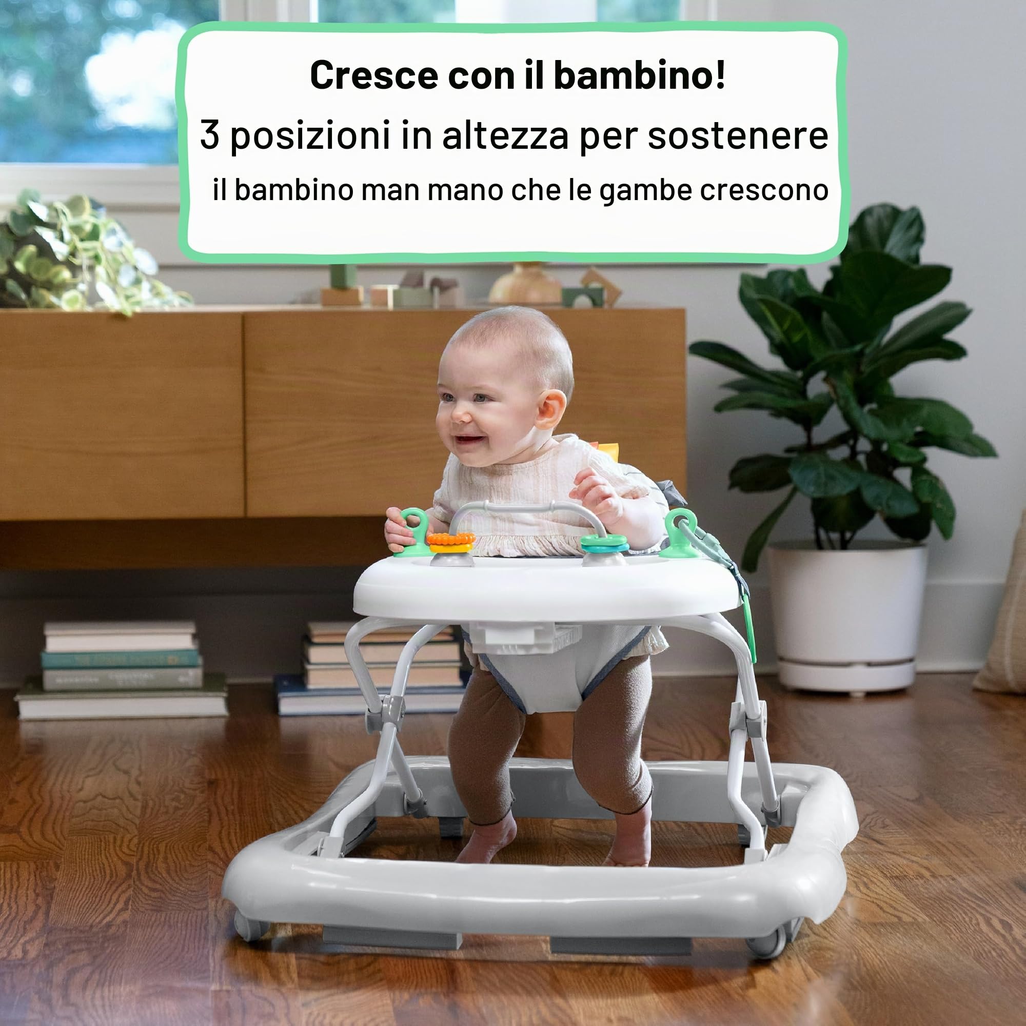 Ingenuity, Girello Multiattività Smooth Strides, Chambray, con Barra Regolabile in 3 Posizioni, Giocattoli Inclusi, Supporta lo Sviluppo, 6-12 Mesi
