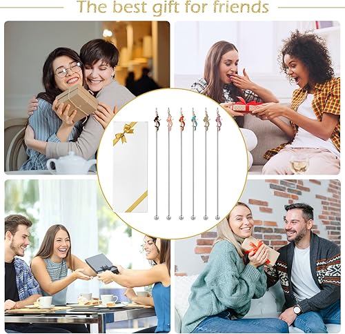 Miniatura 7 de 6 unidades de agitadores de cóctel Swizzle Sticks de acero inoxidable de 7.5 pulgadas para bebidas de café con dijes de sirena colgantes para