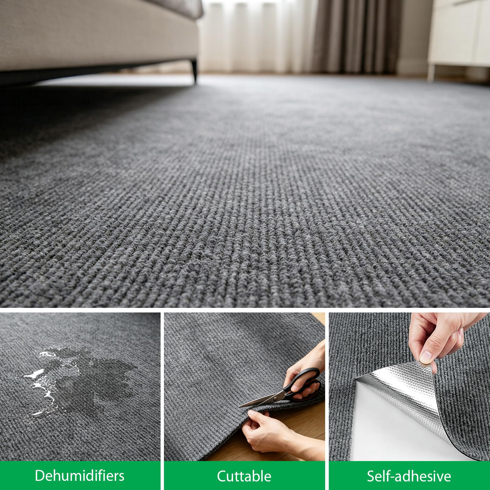 Lot de 20 dalles autocollantes pour moquette | 60 x 60 cm - Antidérapant - À coller - Pour salon, chambre à coucher, bureau, commerce - Gris foncé