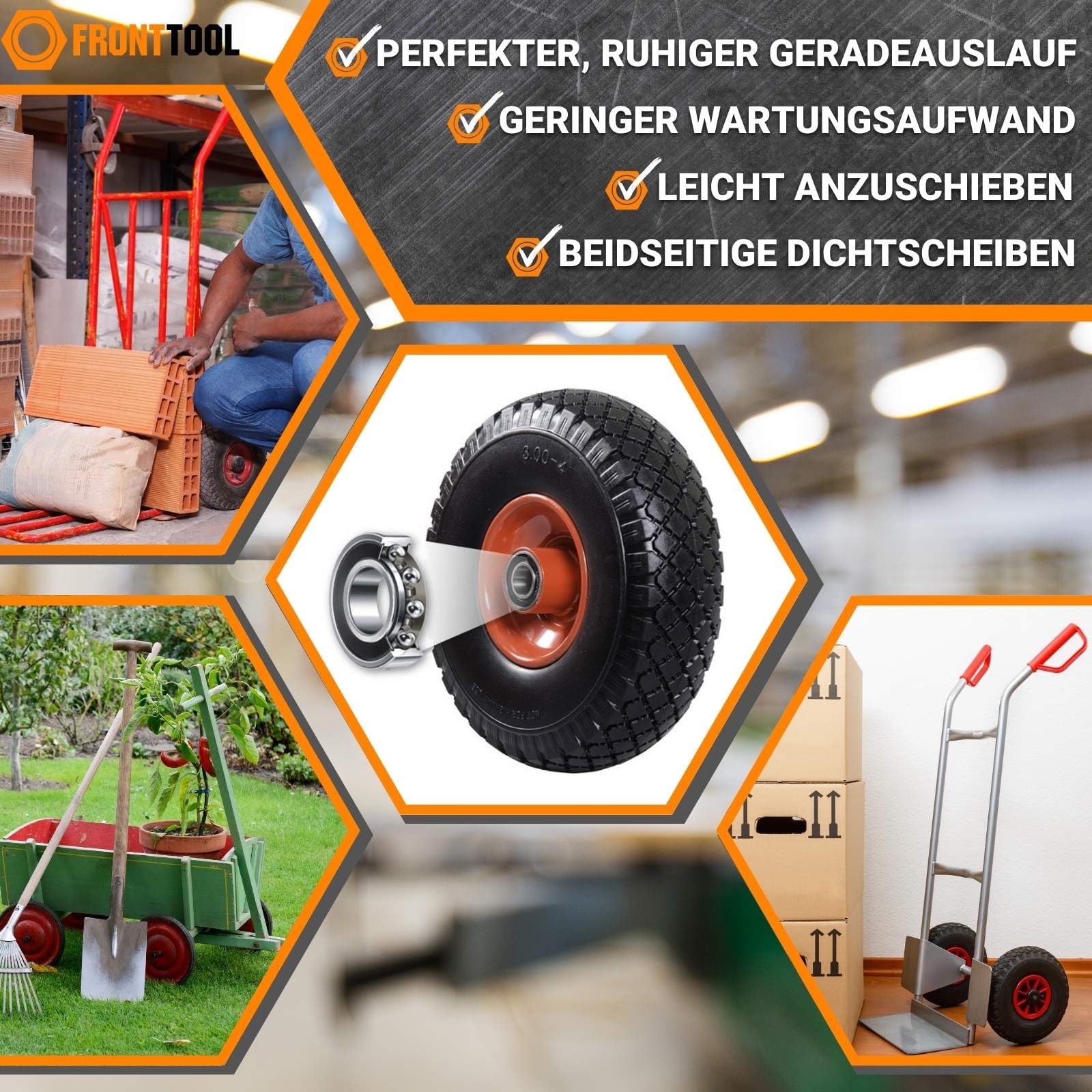 Brandless Sackkarrenrad 4er Set | Vollgummi Ersatzrad Pannensicher | 110kg | Nabenlänge 75mm & 20mm Achsbohrung | Belastbare Gummimischung für Garten, Gewerbe & Industrie | Hoher Federungskomfort