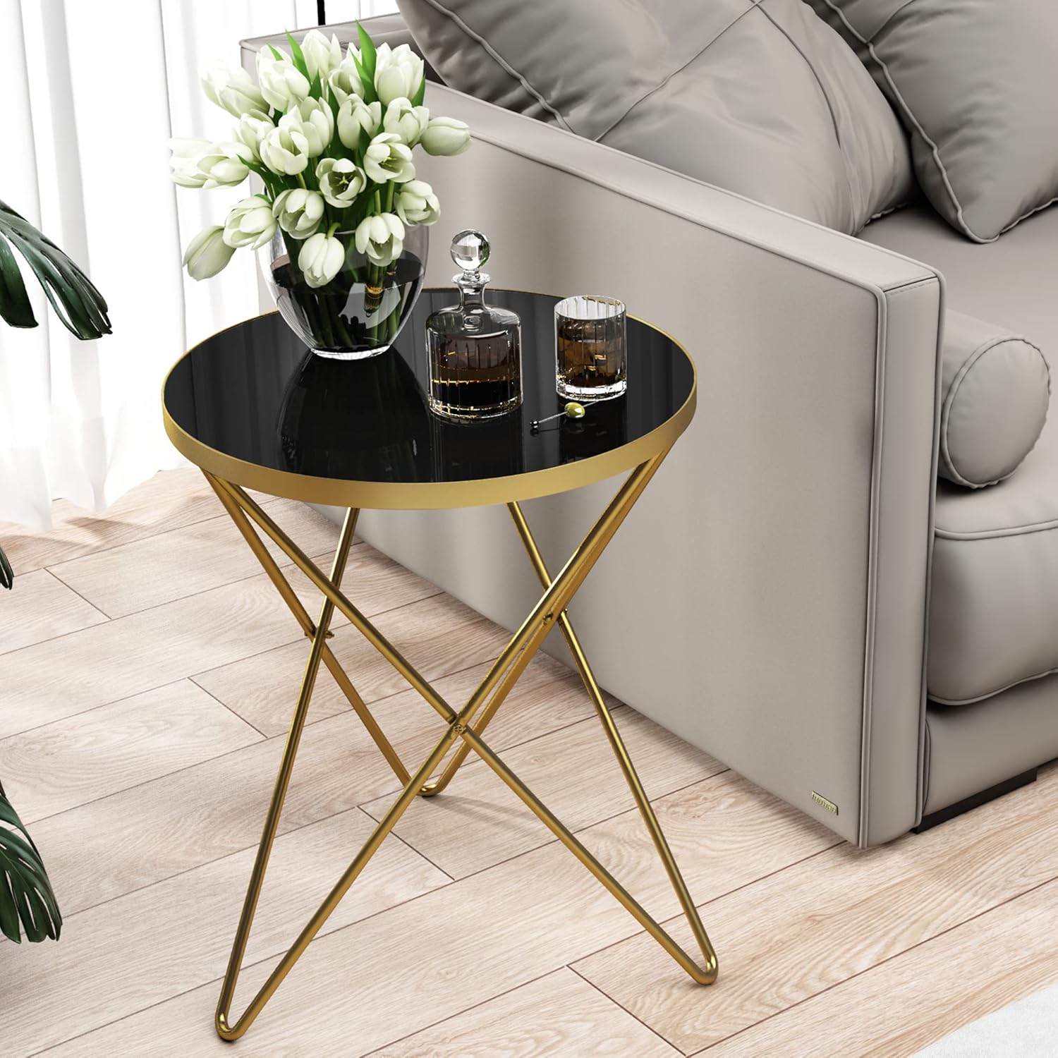 HLR Modern Round Side Table, End Table with Marble Effect Top and Gold Metal Frame, Small Side Table for Living Room, Bedroom, Sofa and Couch, Gold Legs, Black Glass top