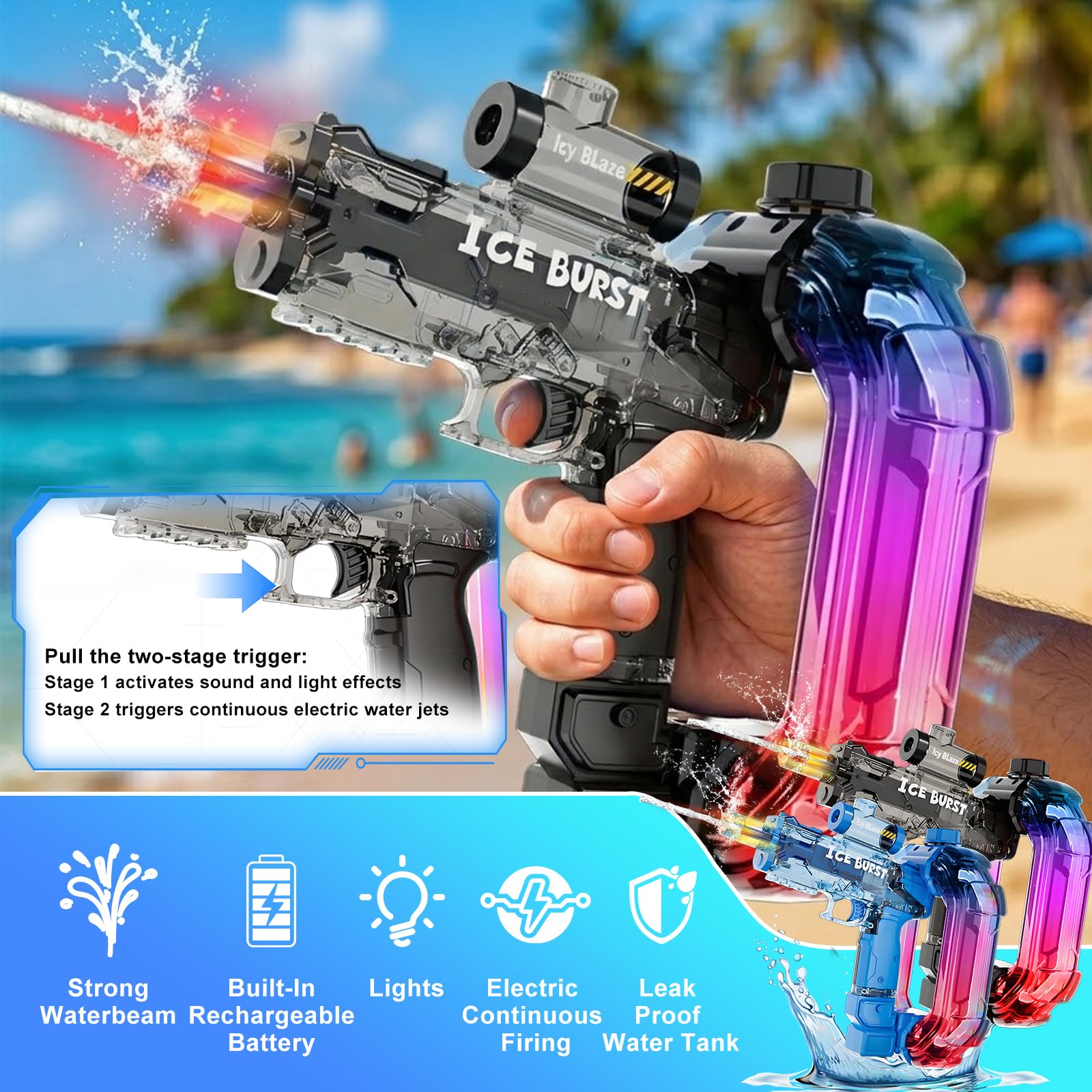 Pistola Ad Acqua Elettrica Per Bambini,Fucile Ad Acqua Automatica Con Gittata Fino, Electric Water Gun luce LED giocattoli regali per adulti ragazzi ragazze 6 7 8+ (Pistola 2 pezzi)