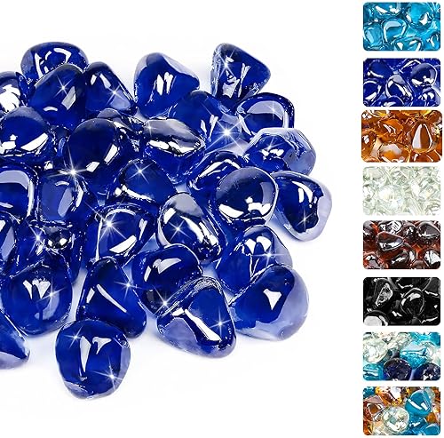 GRISUN Diamantes de vidrio ignífugo azul cobalto para hoguera, rocas de vidrio templado reflectante de 1 pulgada de alto brillo para chimenea