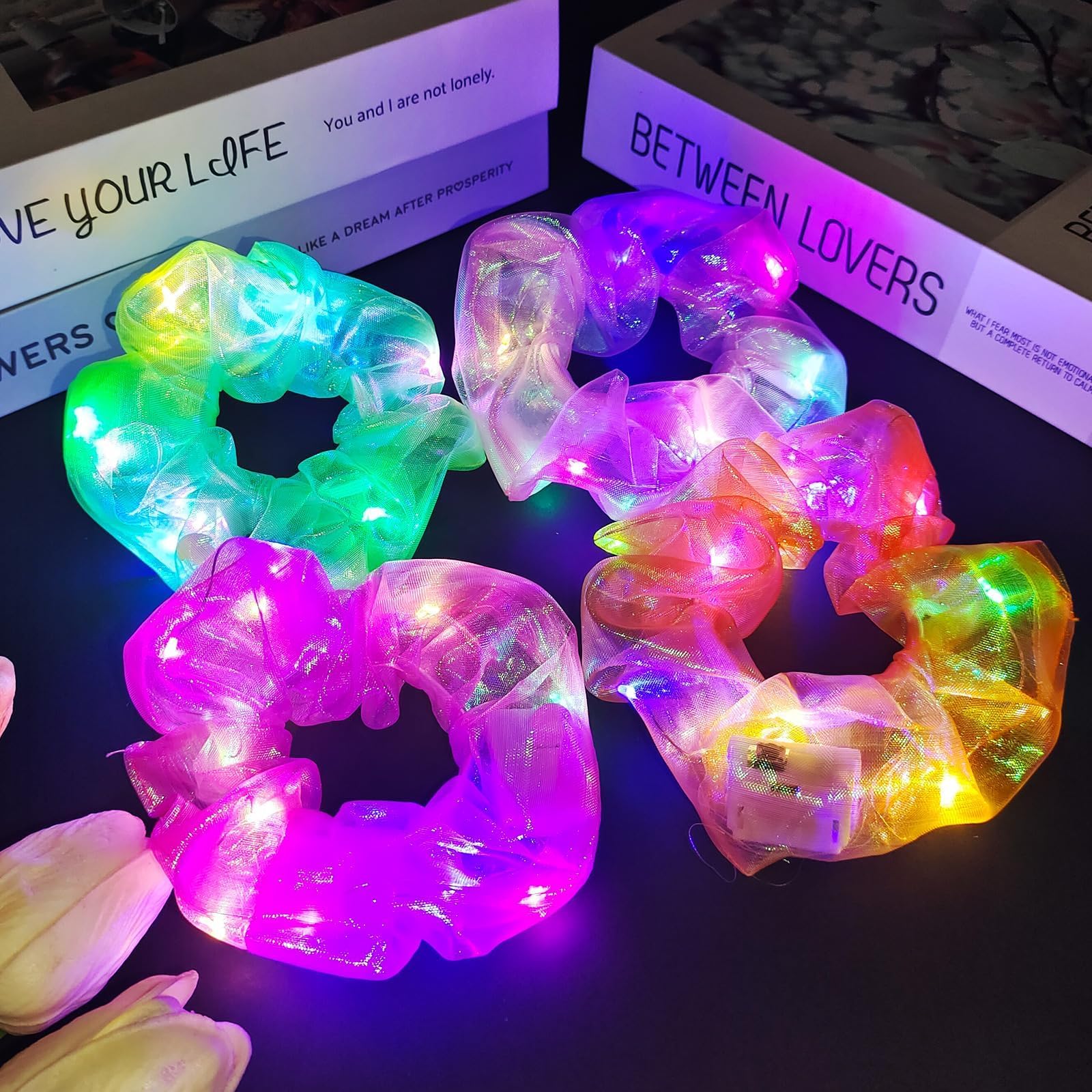4 PCS Mermaid Light Up Scrunchies, LED Hair Accessories with 3 Modes