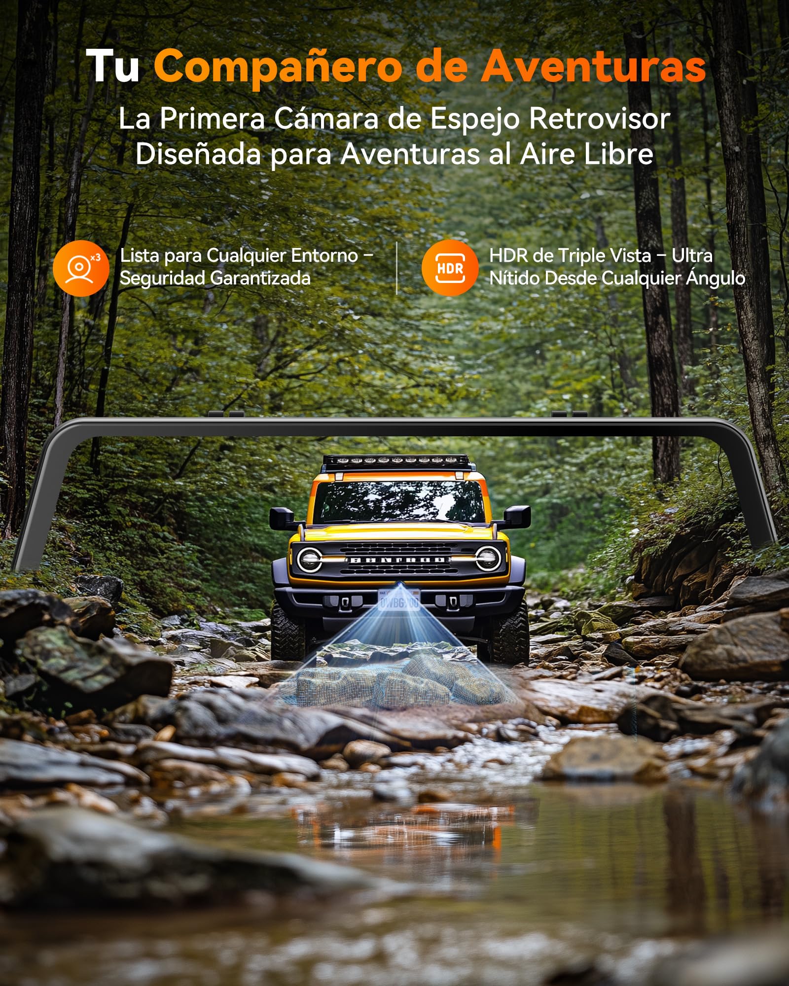 WOLFBOX G900 Tripro Parachoques 3 Canales 4K Espejo de cámara trasera STARVIS 2 IMX678, 4K+2.5K+1080P dashcam coche delantero trasero para parachoques, 5.8 GHz WiFi, control por voz, tarjeta de 256 GB